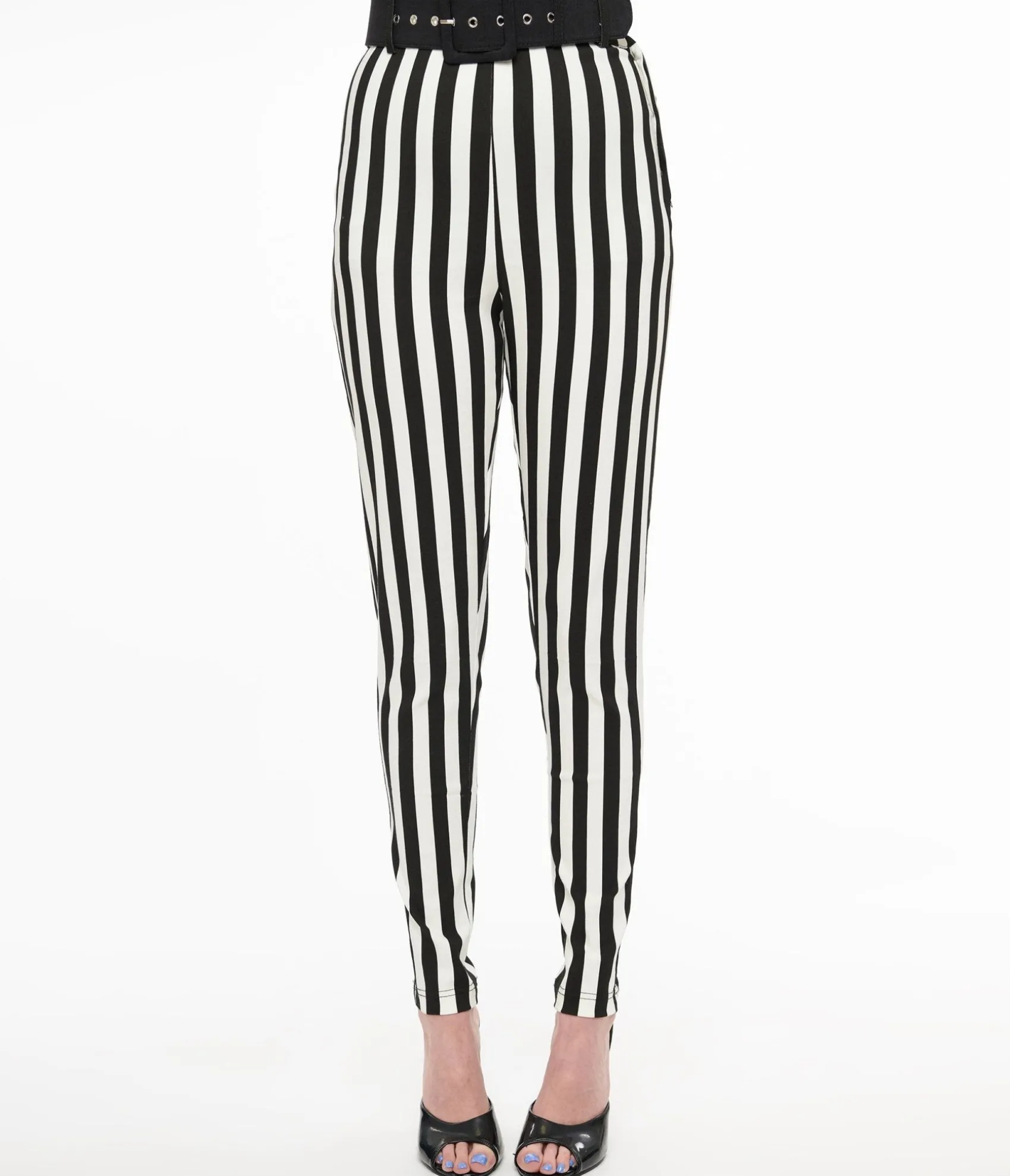 Unique Vintage Black & White Stripe Belted Rizzo Cigarette Pants Online