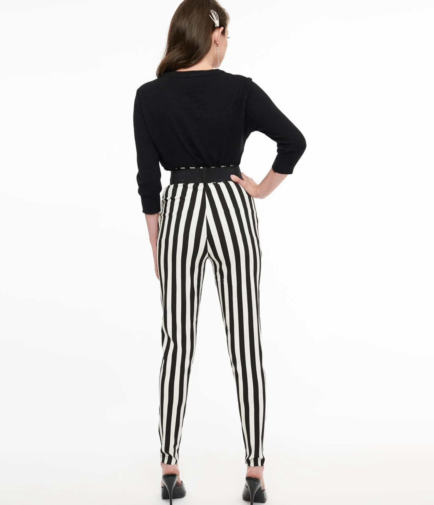 Unique Vintage Black & White Stripe Belted Rizzo Cigarette Pants Online