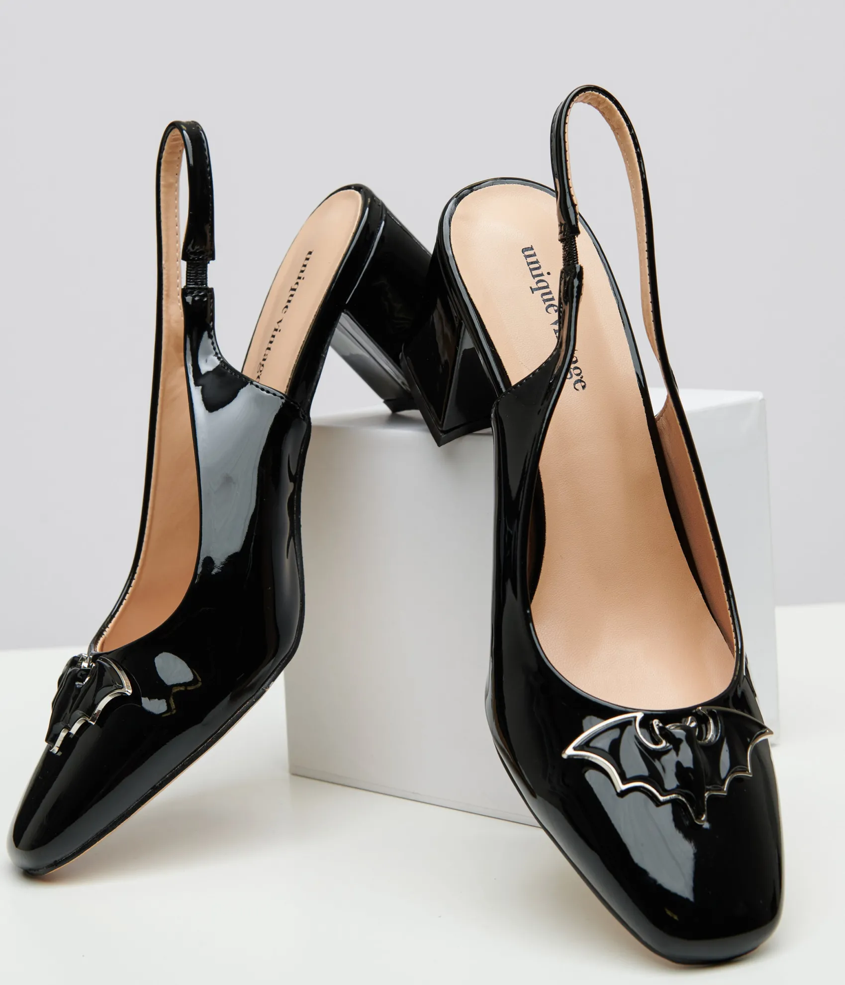 Unique Vintage Black Bat Leatherette Slingback Heels Hot