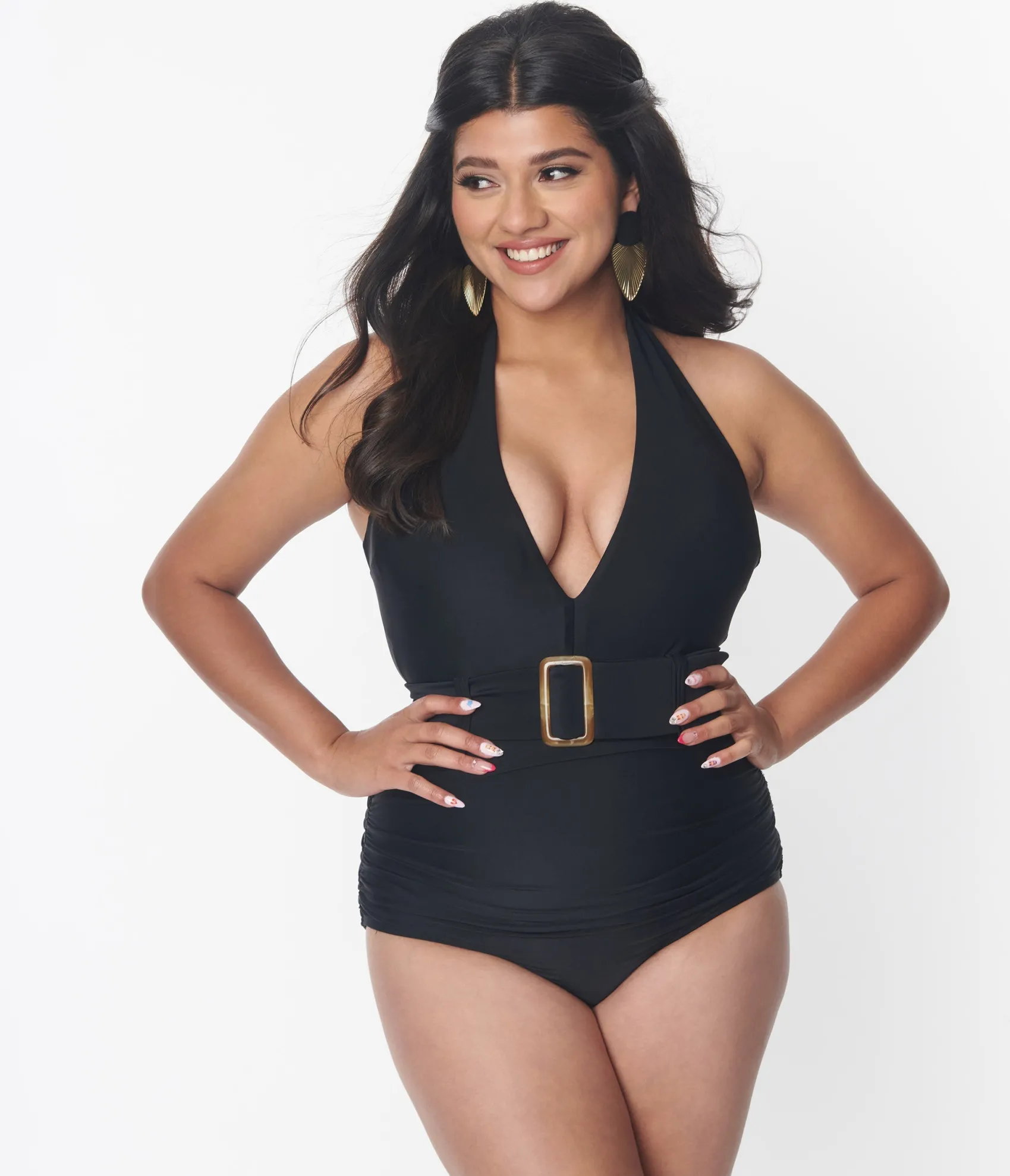 Unique Vintage Black Belted Halter Swimsuit Shop