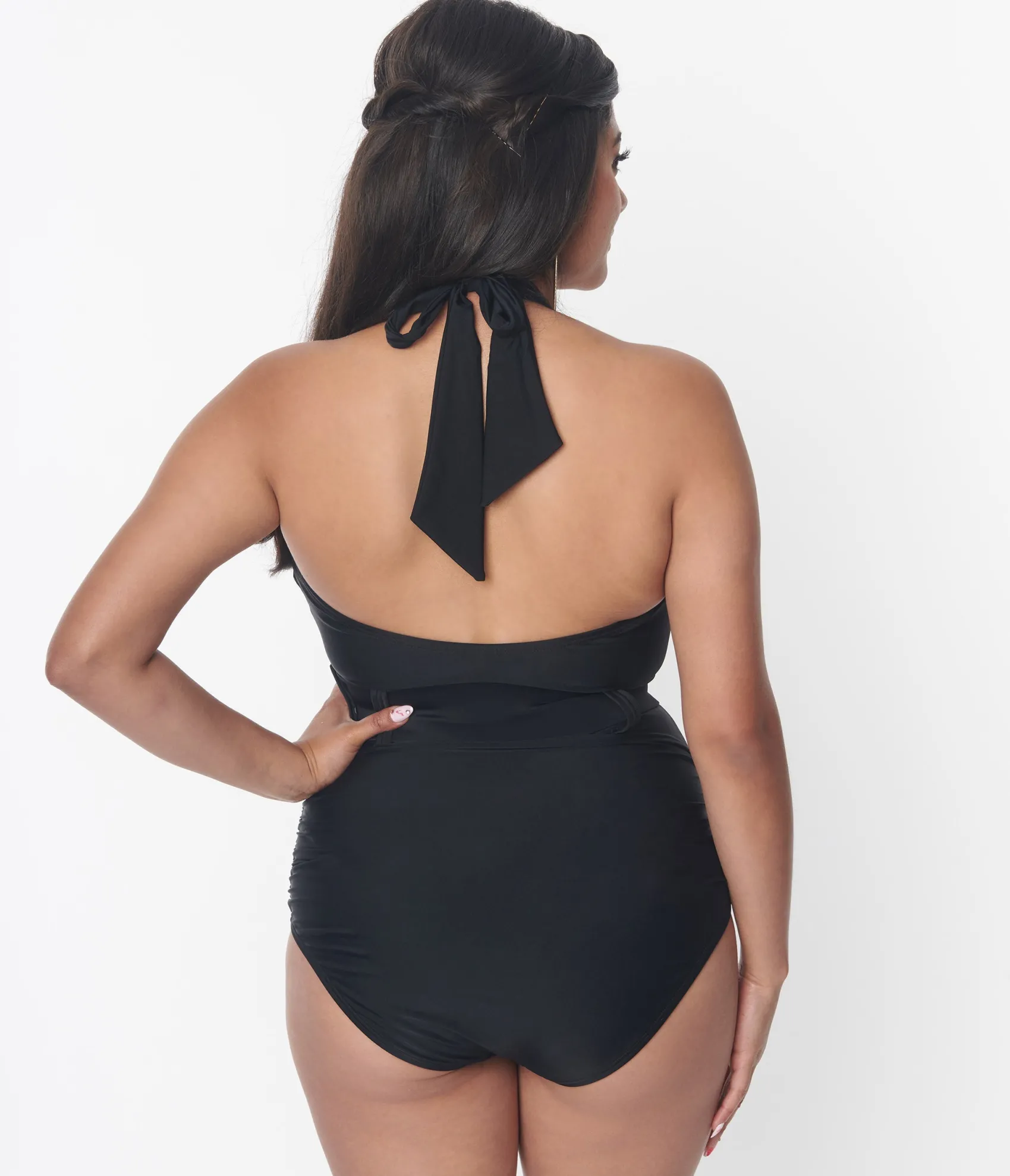 Unique Vintage Black Belted Halter Swimsuit Shop