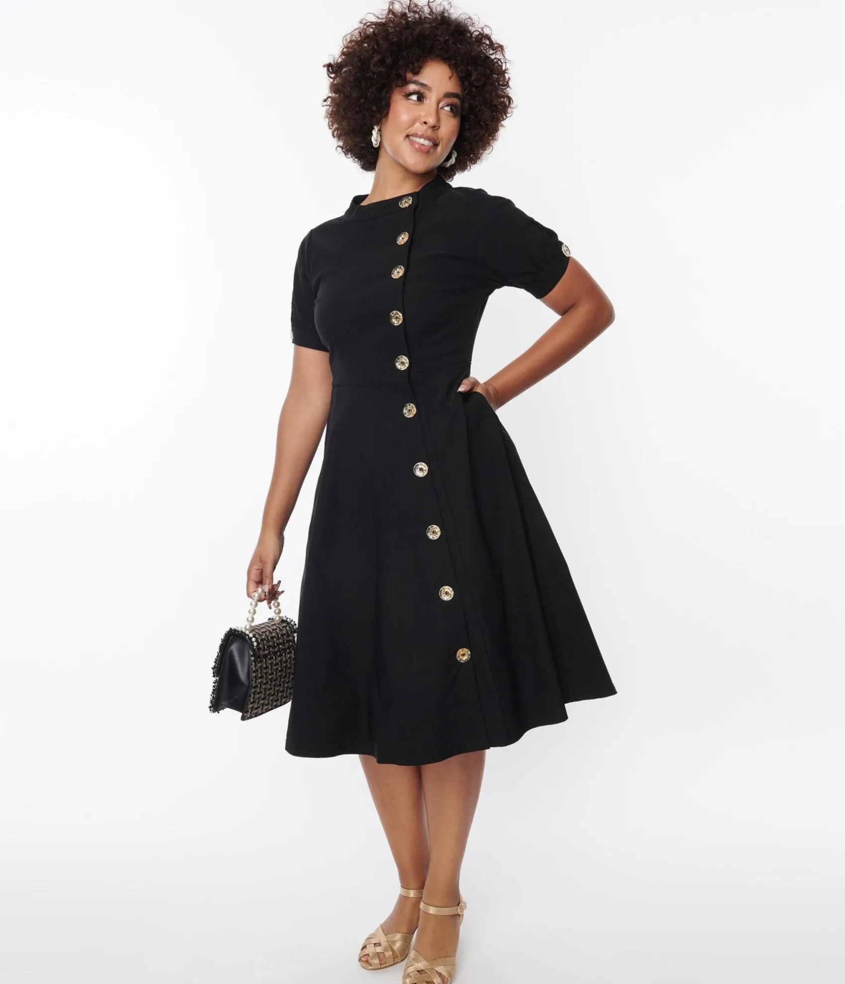 Unique Vintage Black Button Swing Dress Best
