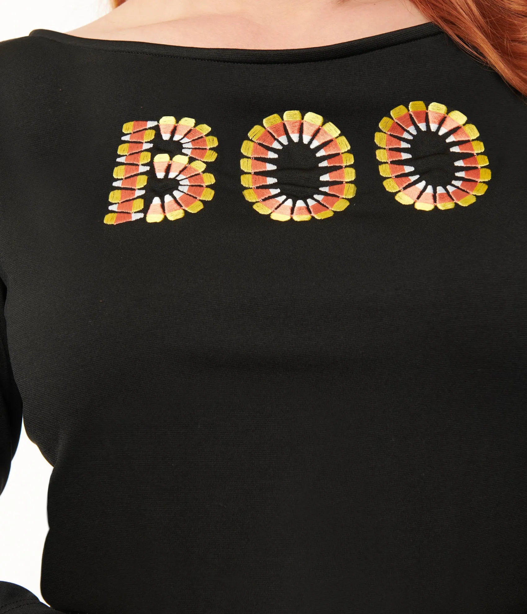 Unique Vintage Black Candy Corn Boo Embroidered Gracie Top Cheap