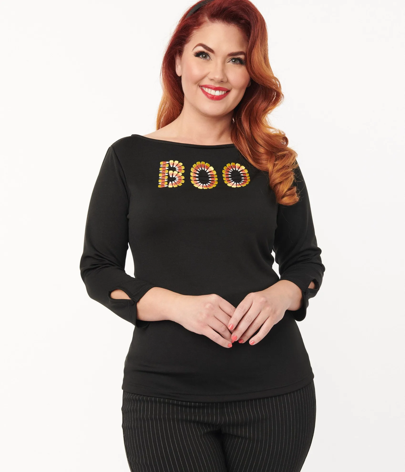 Unique Vintage Black Candy Corn Boo Embroidered Gracie Top Cheap