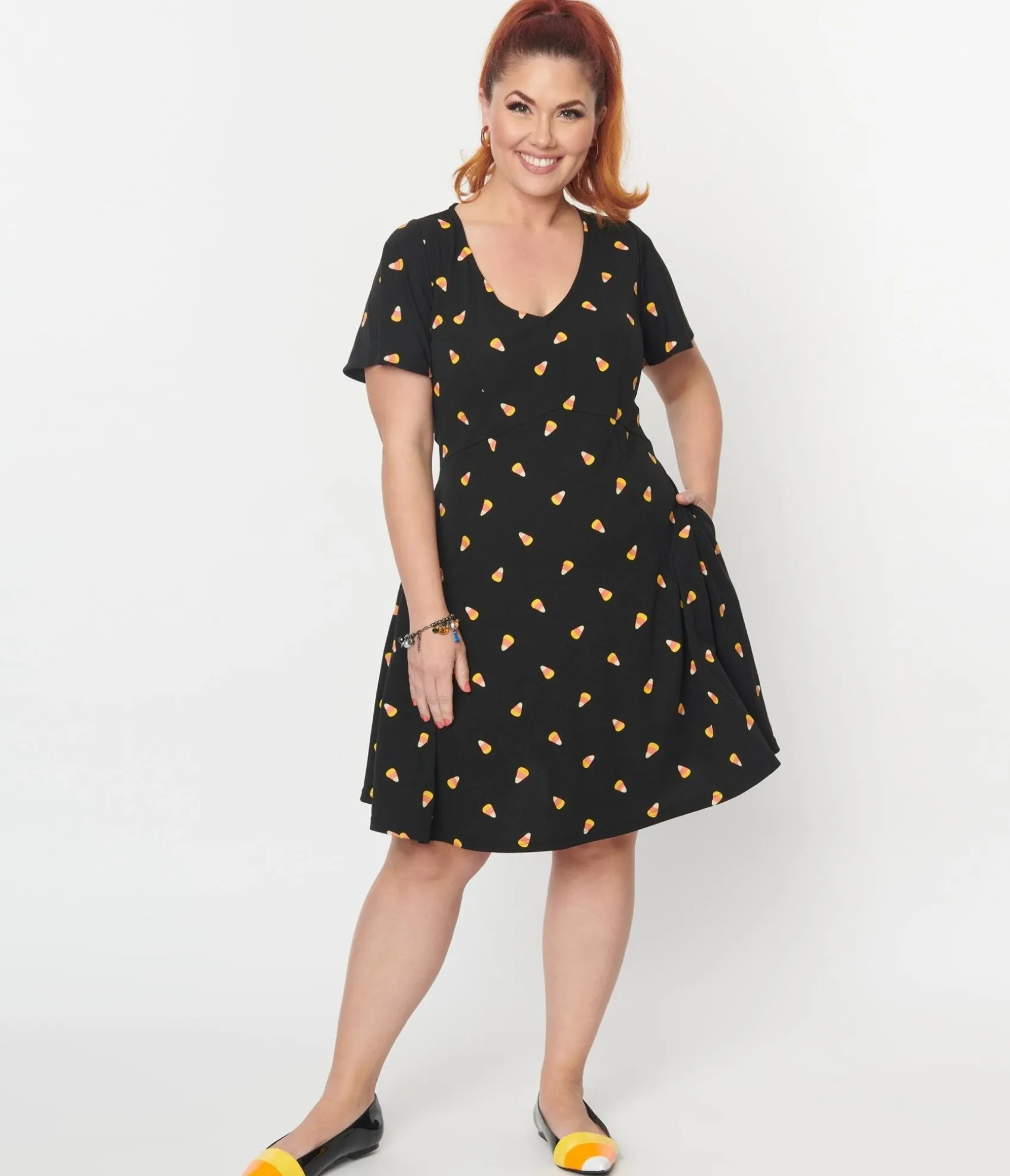 Unique Vintage Black Candy Corn Print Poppy Flare Dress Store