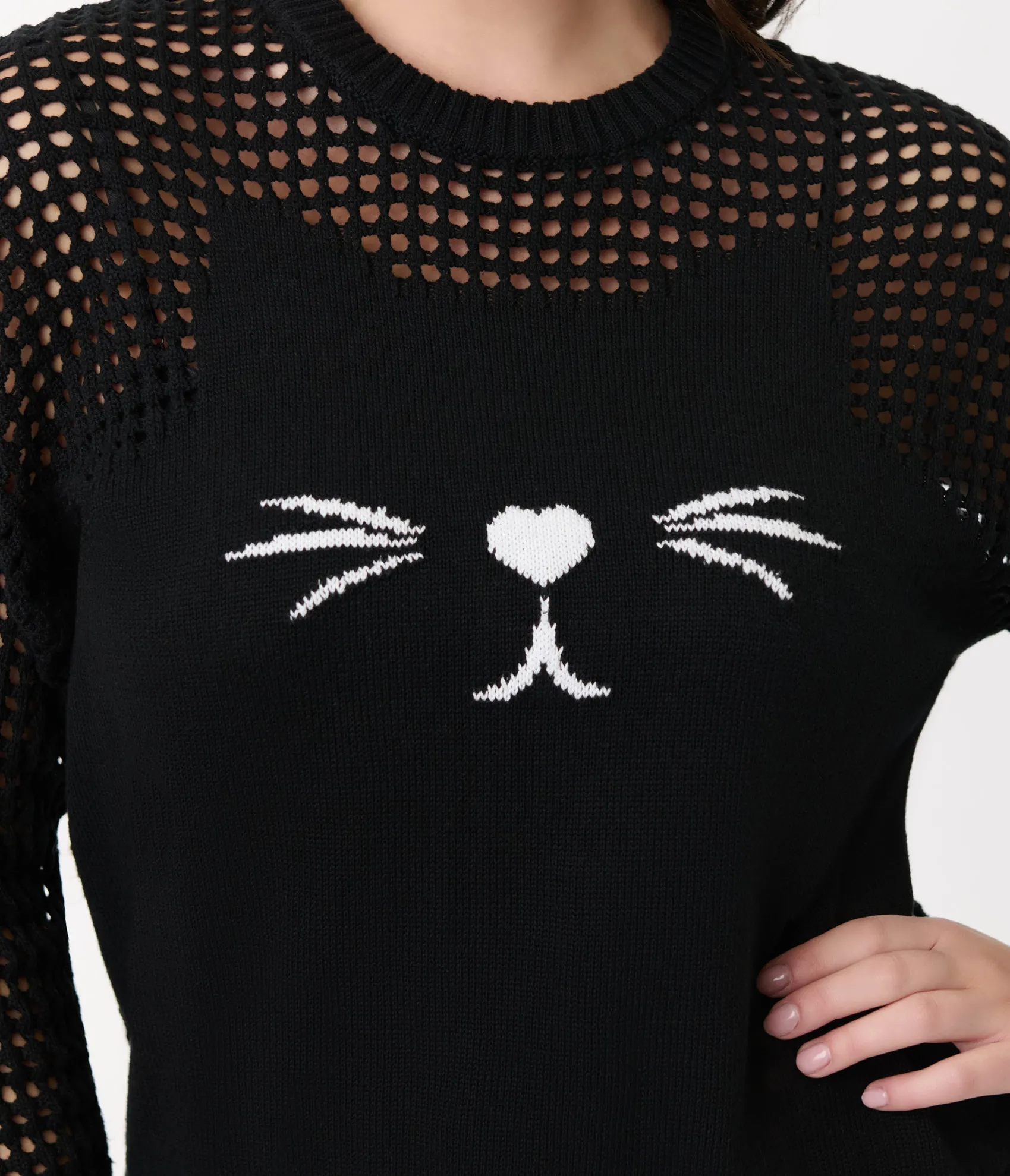 Unique Vintage Black Cat Open Weave Cotton Sweater Discount