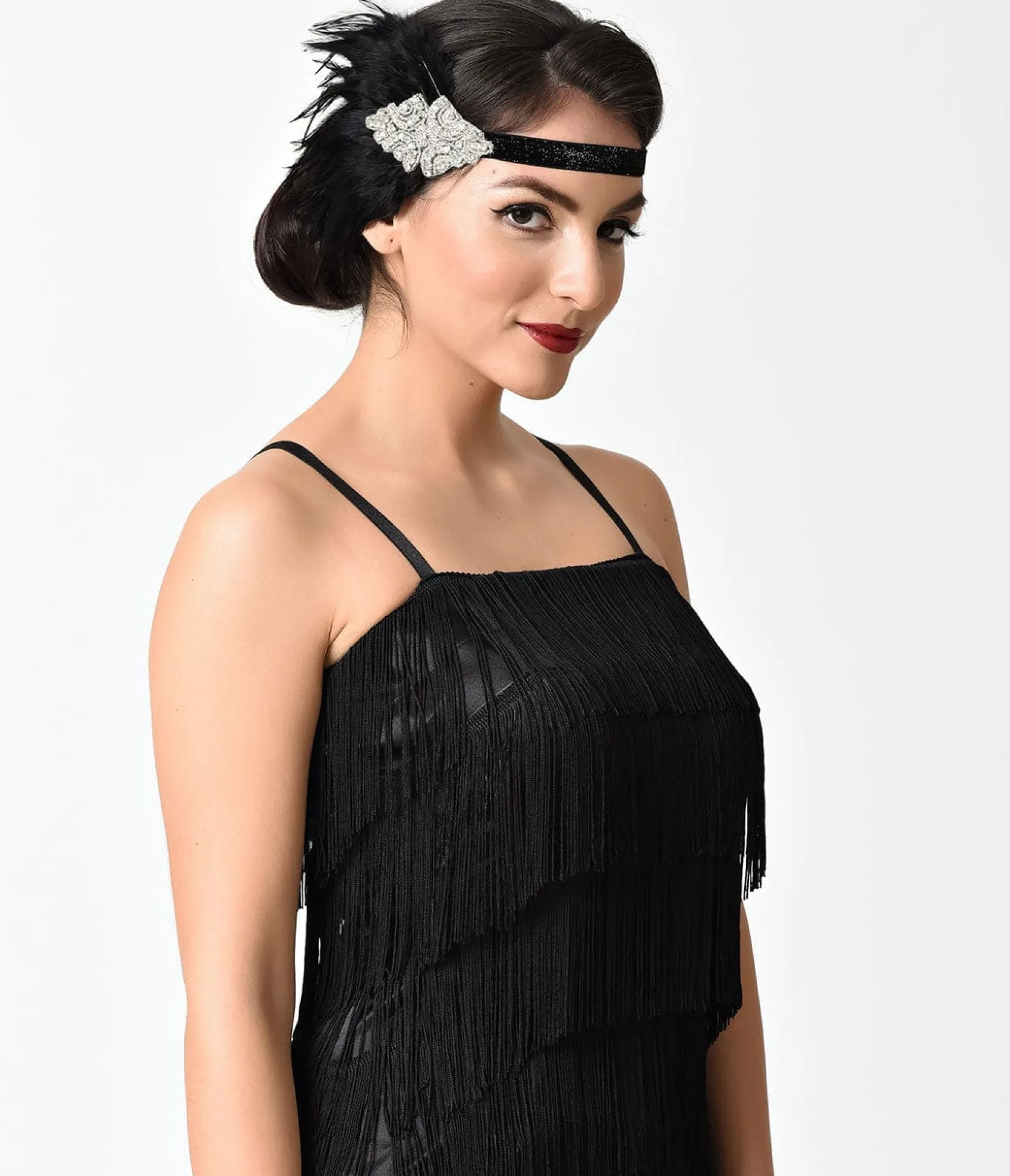 Unique Vintage Black Coque Feather & Silver Rhinestone Headband Fashion