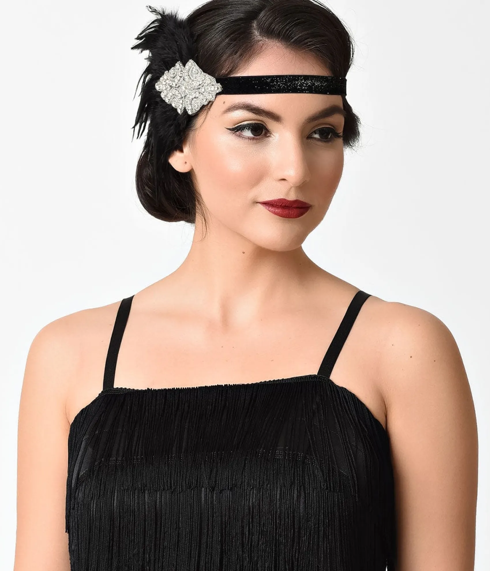 Unique Vintage Black Coque Feather & Silver Rhinestone Headband Fashion