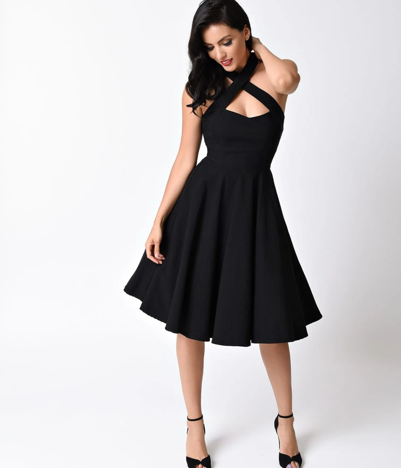 Unique Vintage Black Criss Cross Halter Rita Flare Dress Online