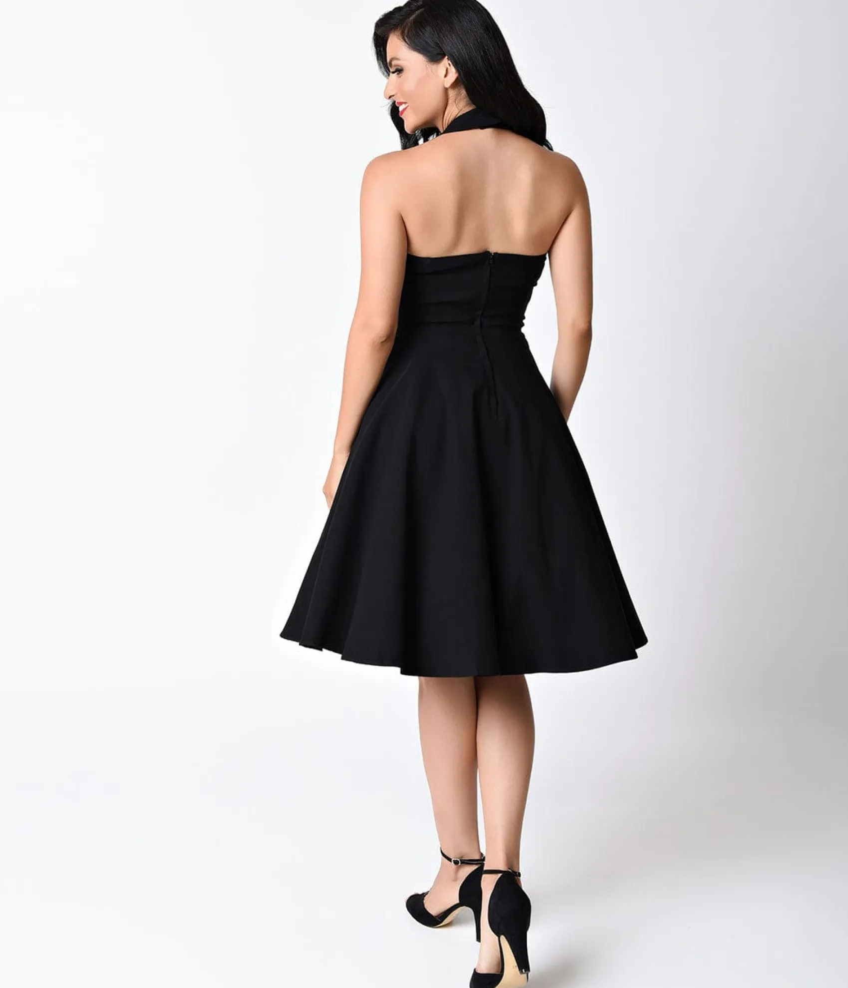 Unique Vintage Black Criss Cross Halter Rita Flare Dress Online