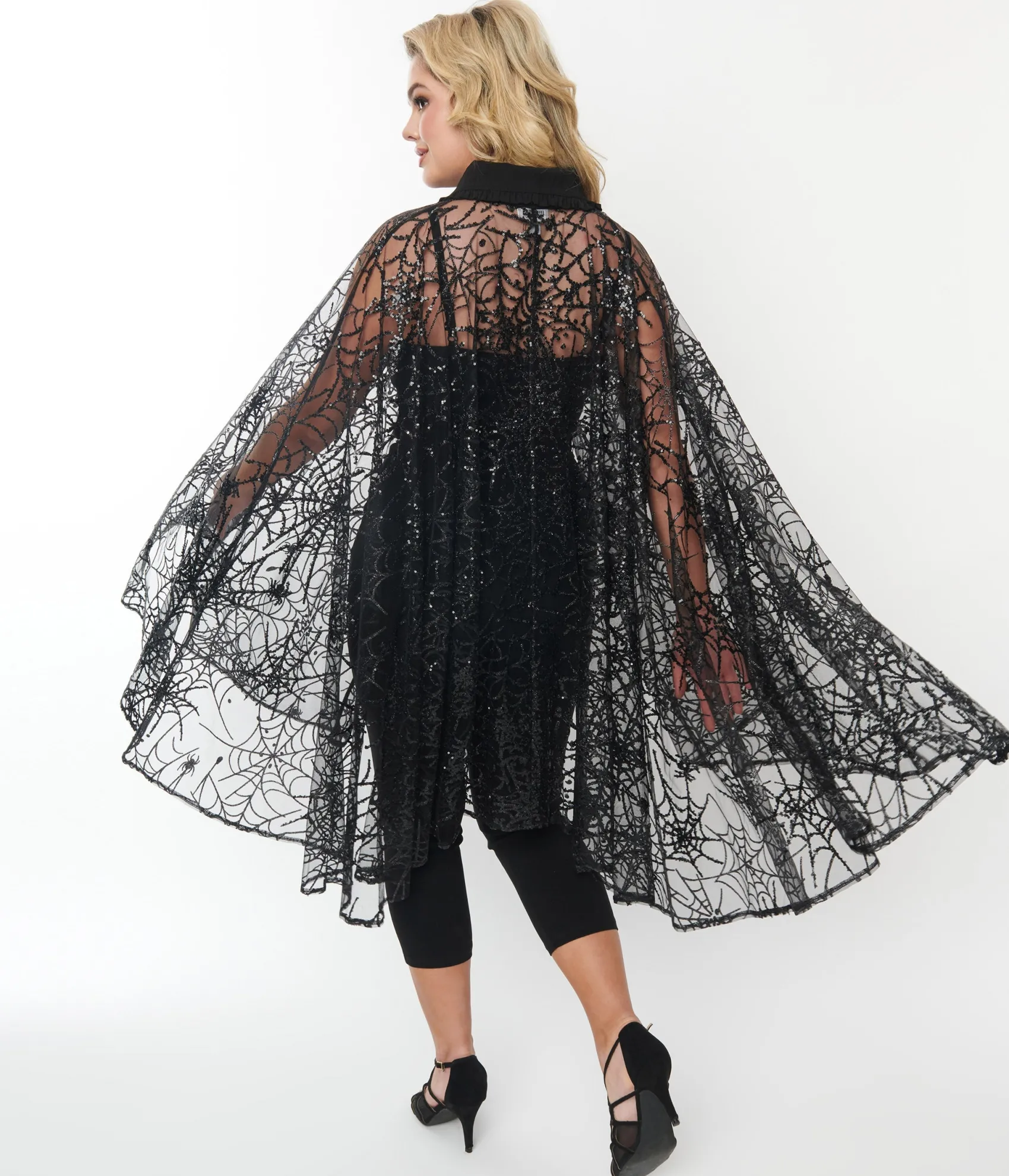 Unique Vintage Black Glitter Spiderweb Mesh Cape Flash Sale