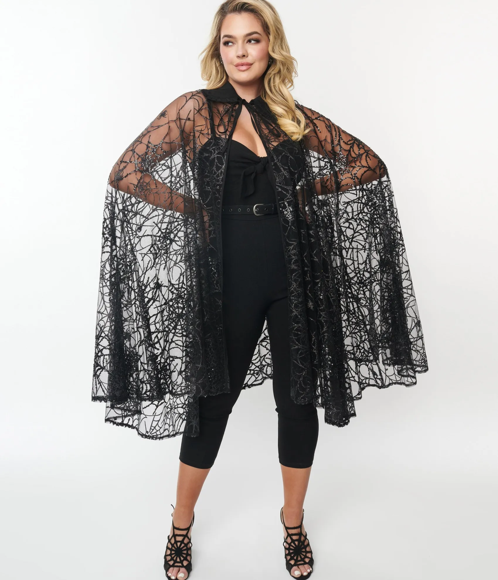 Unique Vintage Black Glitter Spiderweb Mesh Cape Flash Sale