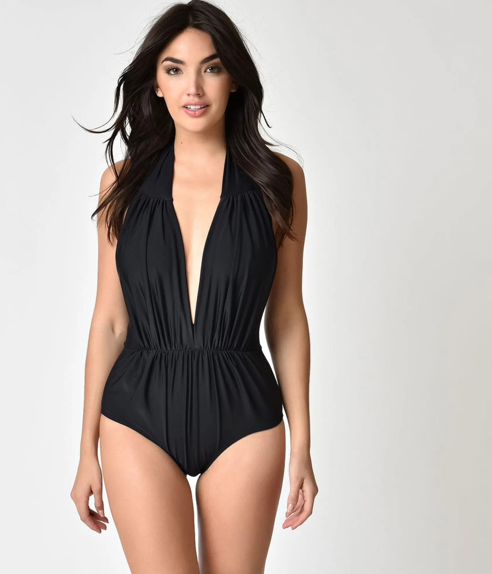Unique Vintage Black Halter Shirred Derek One Piece Swimsuit Clearance