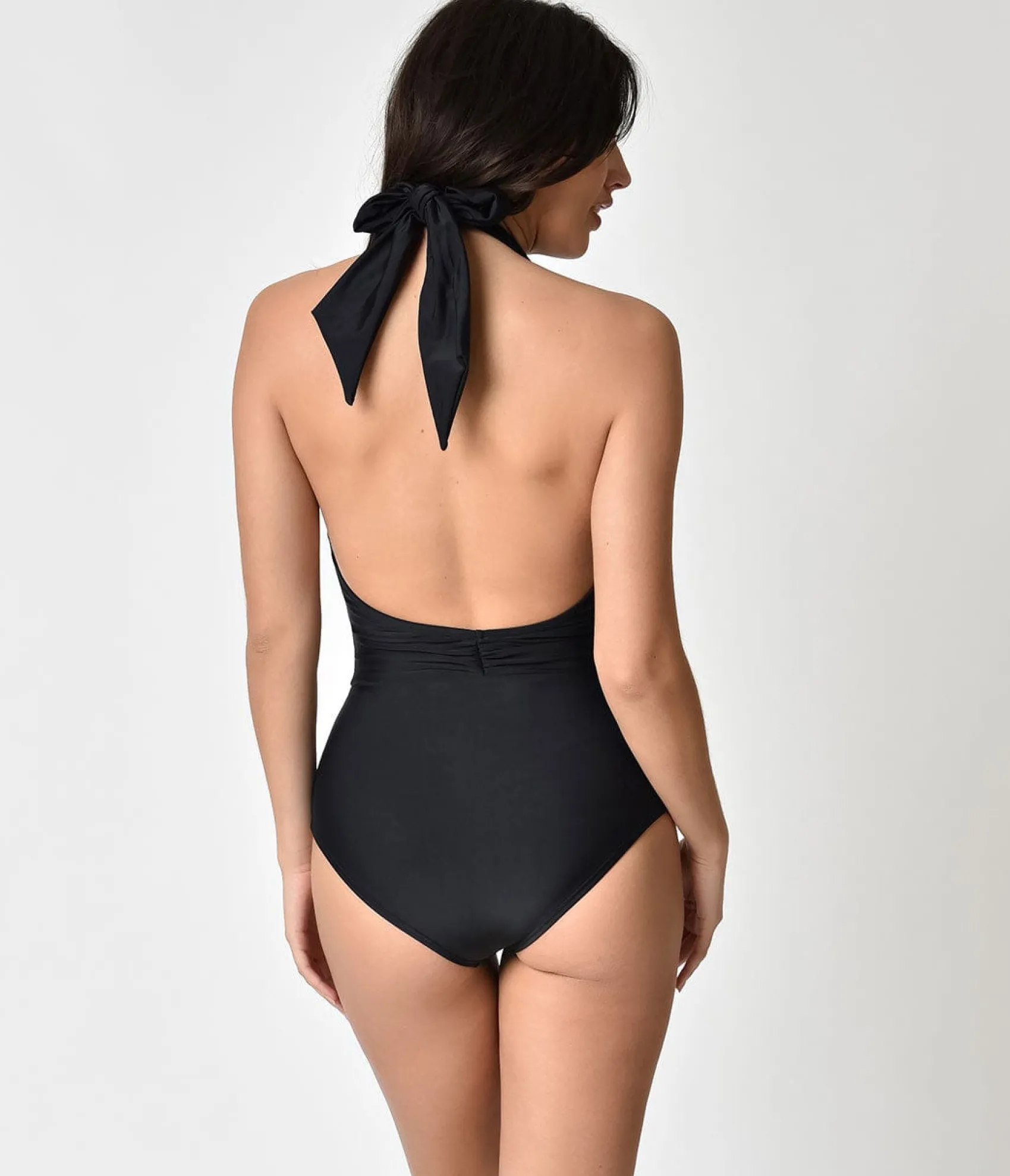 Unique Vintage Black Halter Shirred Derek One Piece Swimsuit Clearance
