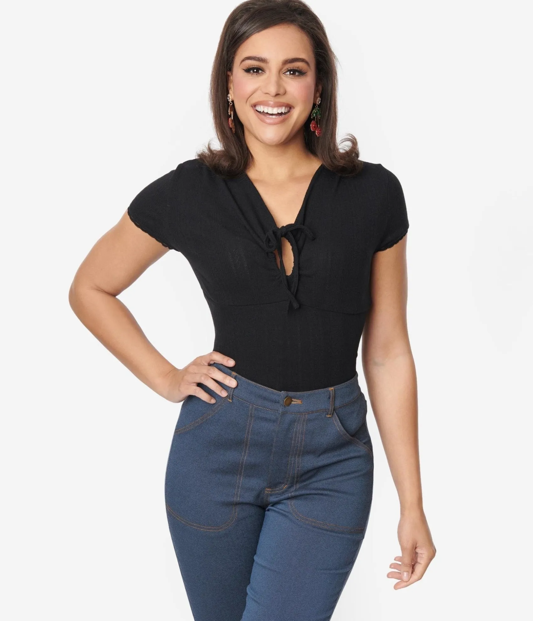 Unique Vintage Black Keyhole Pointelle Knit Top Clearance