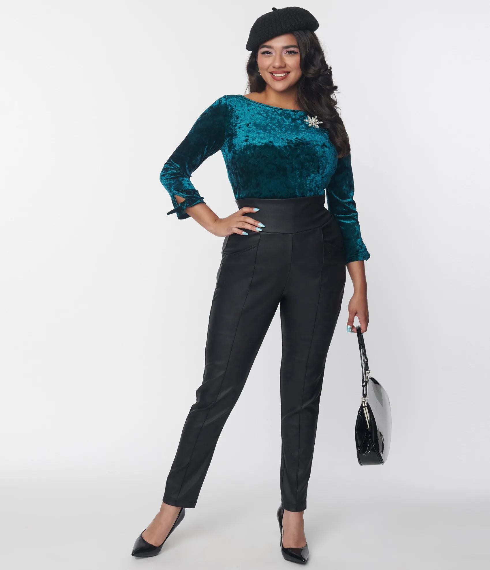 Unique Vintage Black Leatherette High Waist Pintuck Pants Online