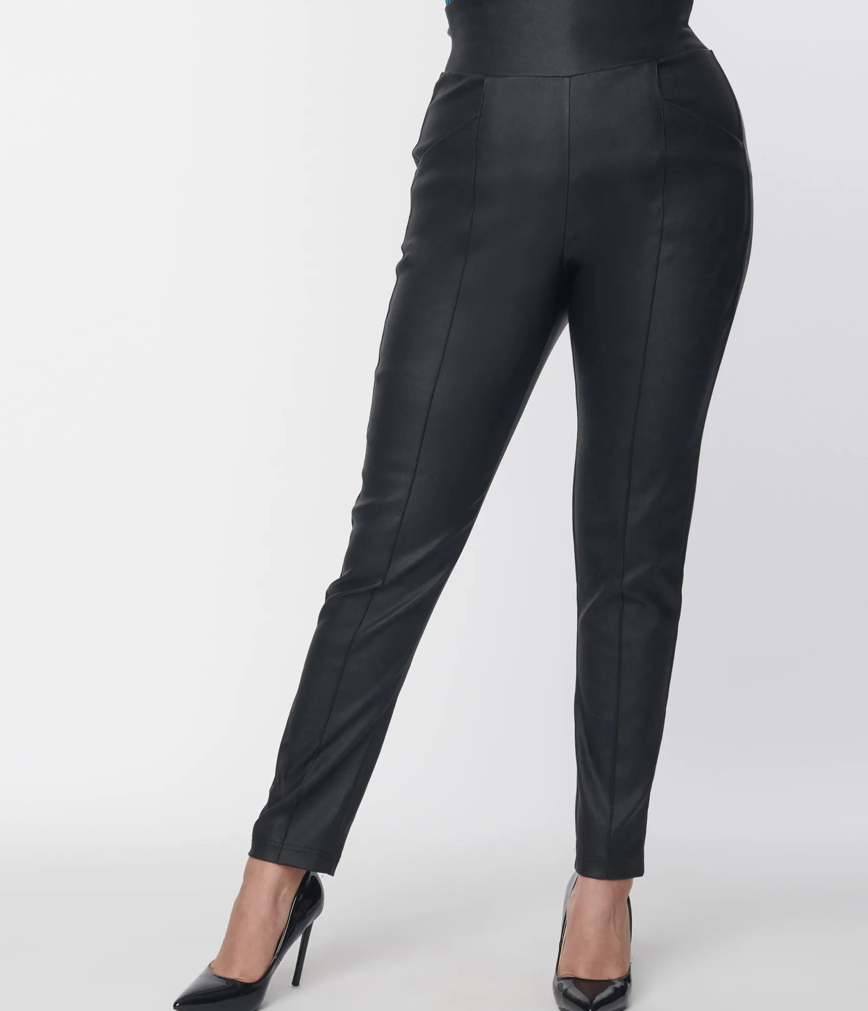 Unique Vintage Black Leatherette High Waist Pintuck Pants Online