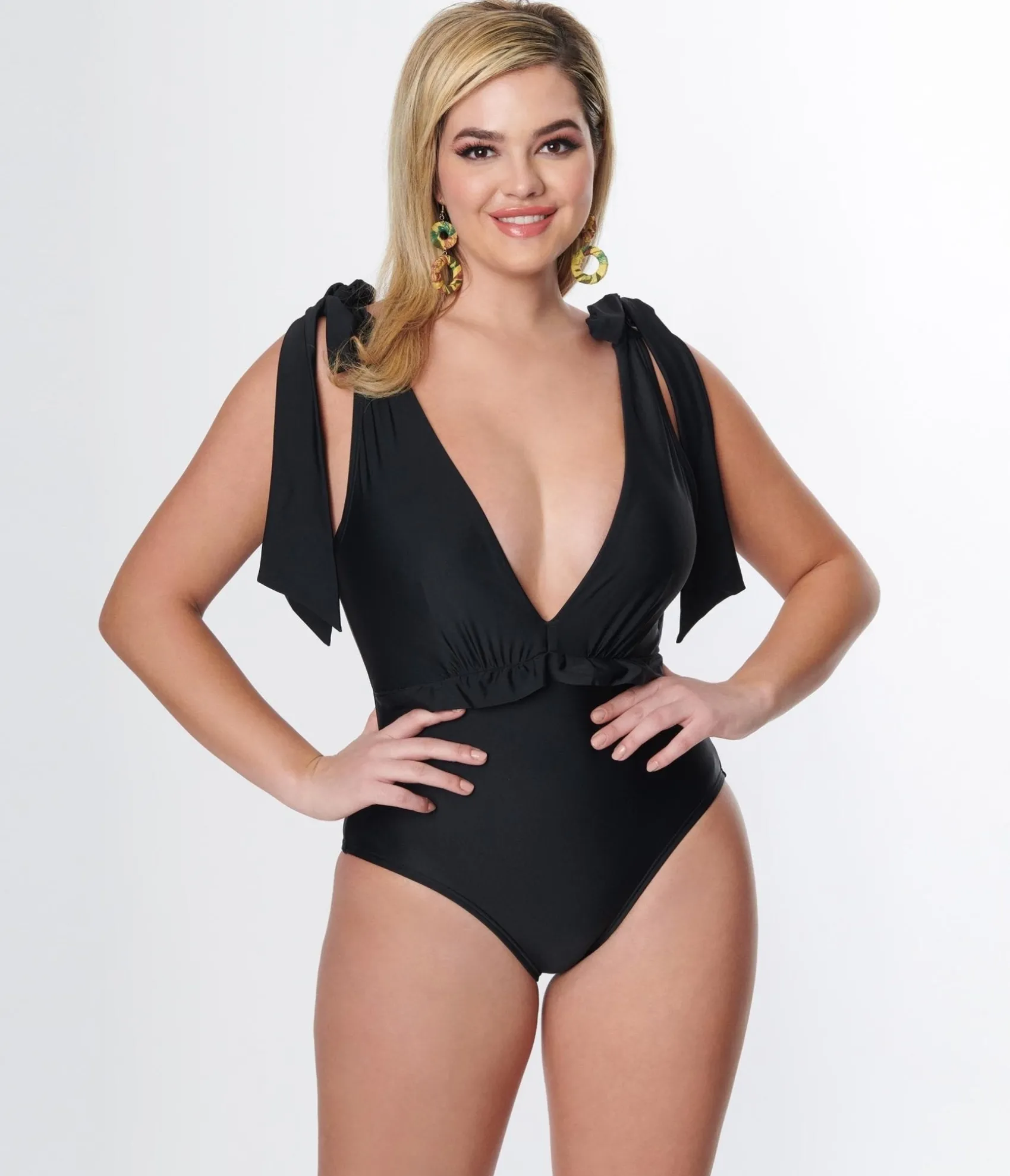 Unique Vintage Black Plunge One Piece Swimsuit Cheap