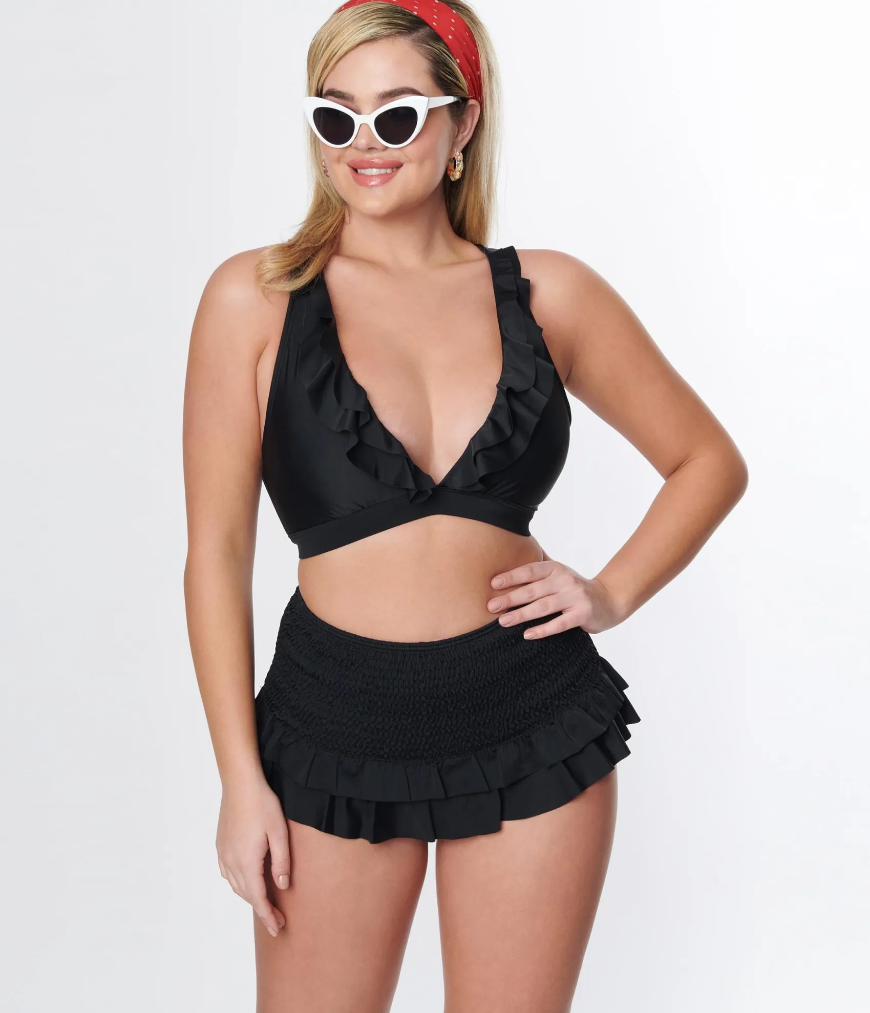 Unique Vintage Black Ruffle Halter Swim Top Best