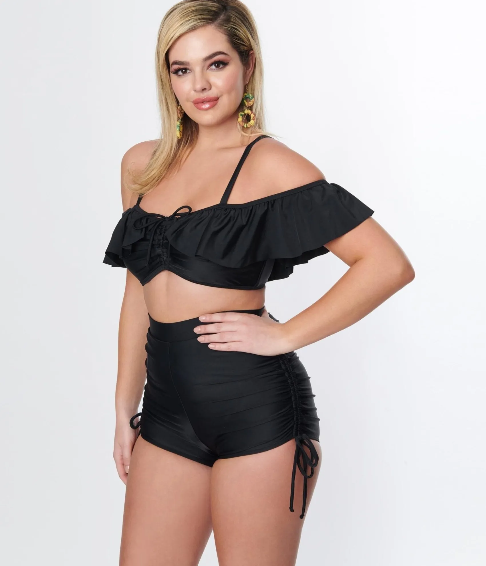 Unique Vintage Black Ruffle Swim Top Hot