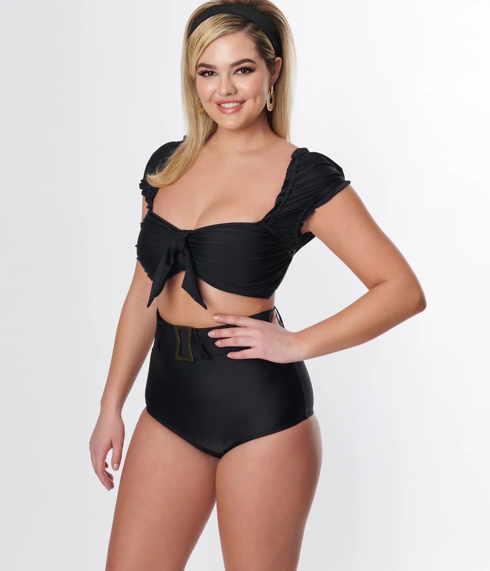 Unique Vintage Black Shirred Bow Bandeau Swim Top Cheap