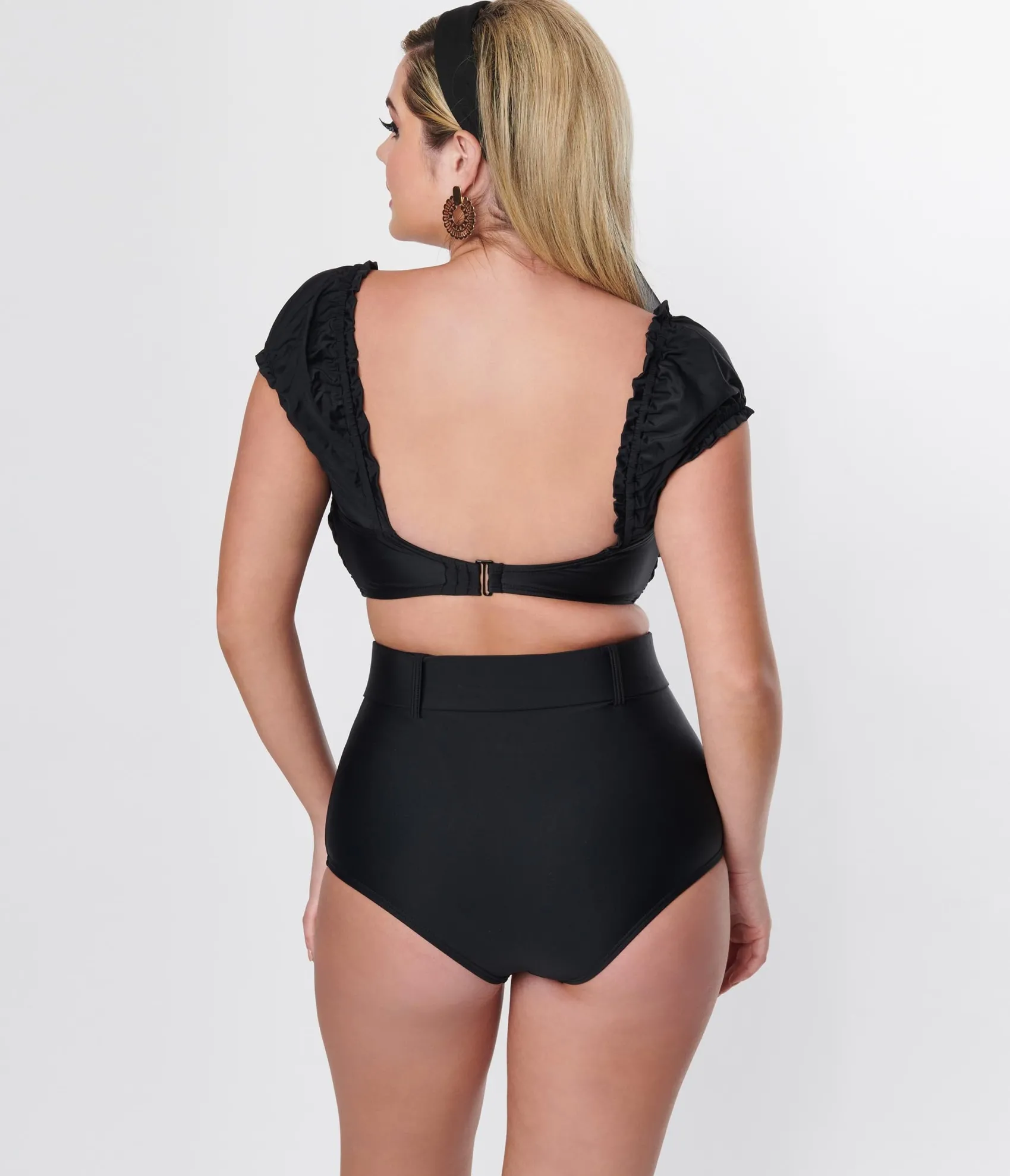 Unique Vintage Black Shirred Bow Bandeau Swim Top Cheap