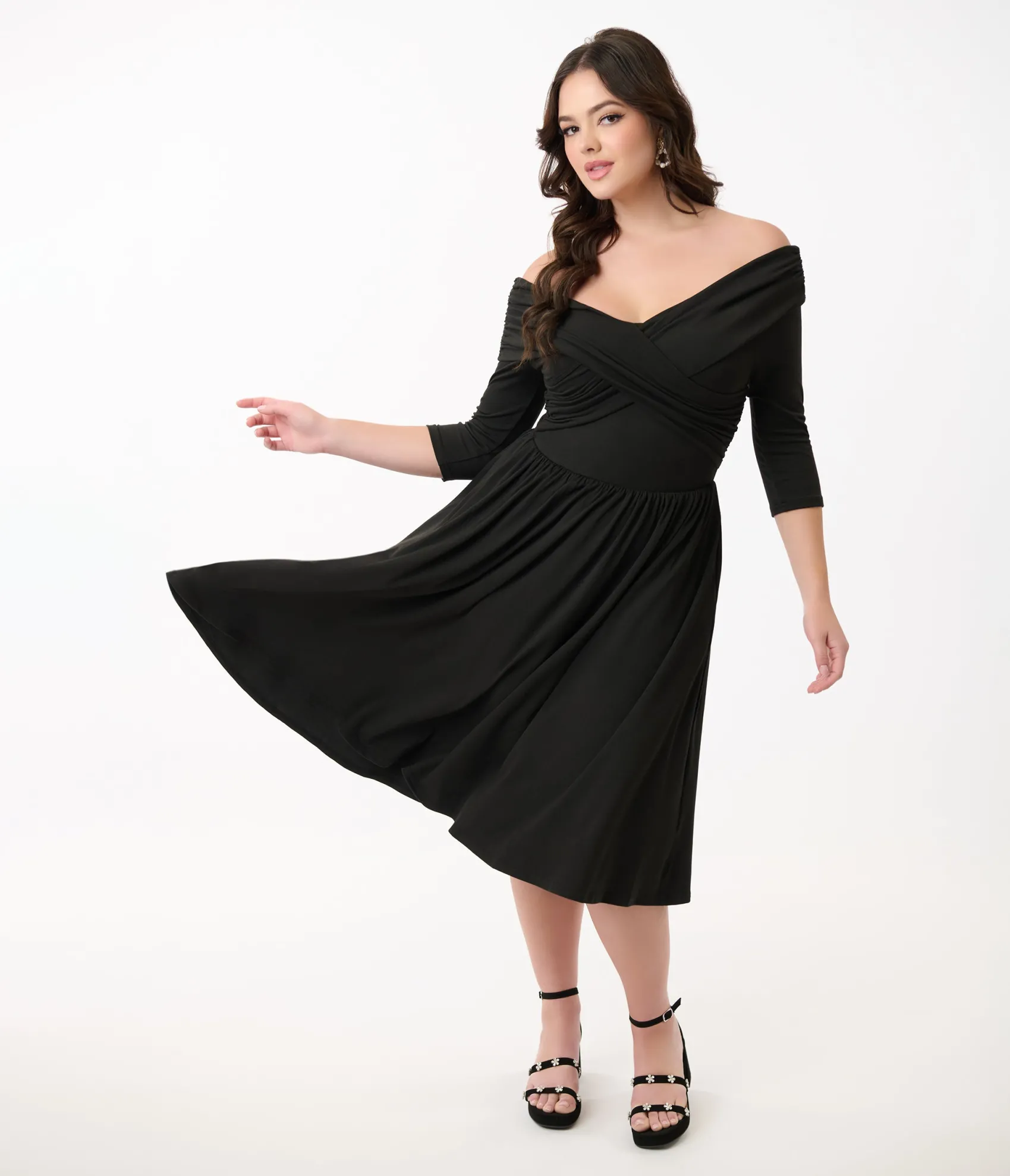 Unique Vintage Black Shirred Off Shoulder Swing Dress Fashion