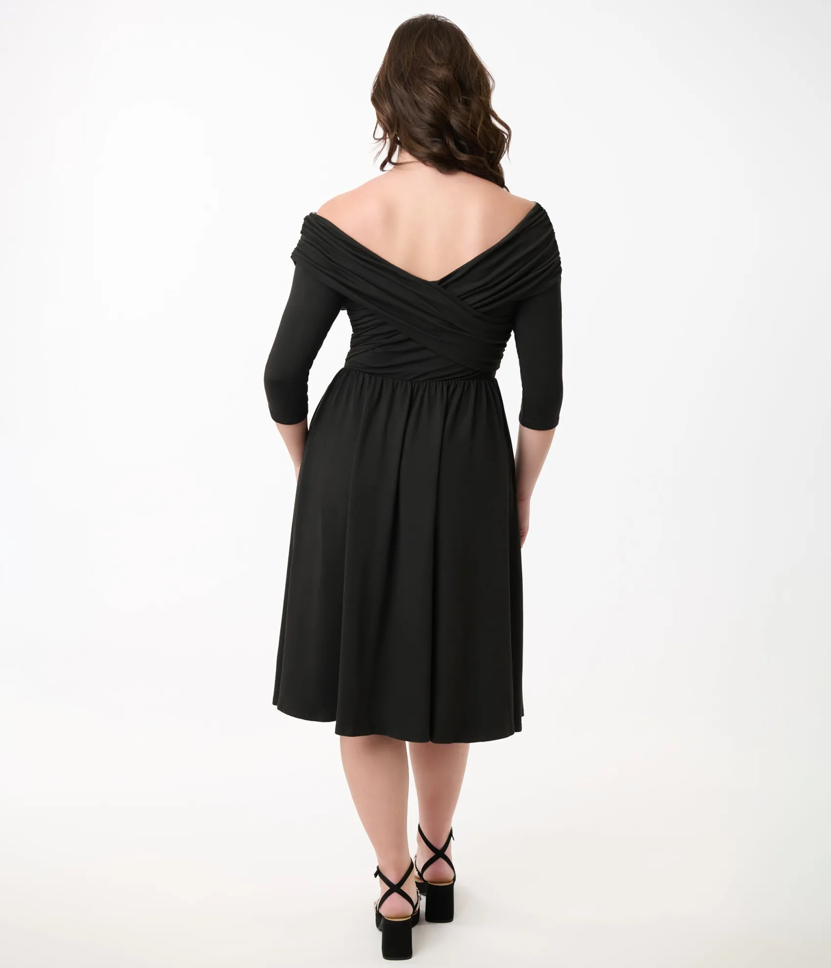 Unique Vintage Black Shirred Off Shoulder Swing Dress Fashion