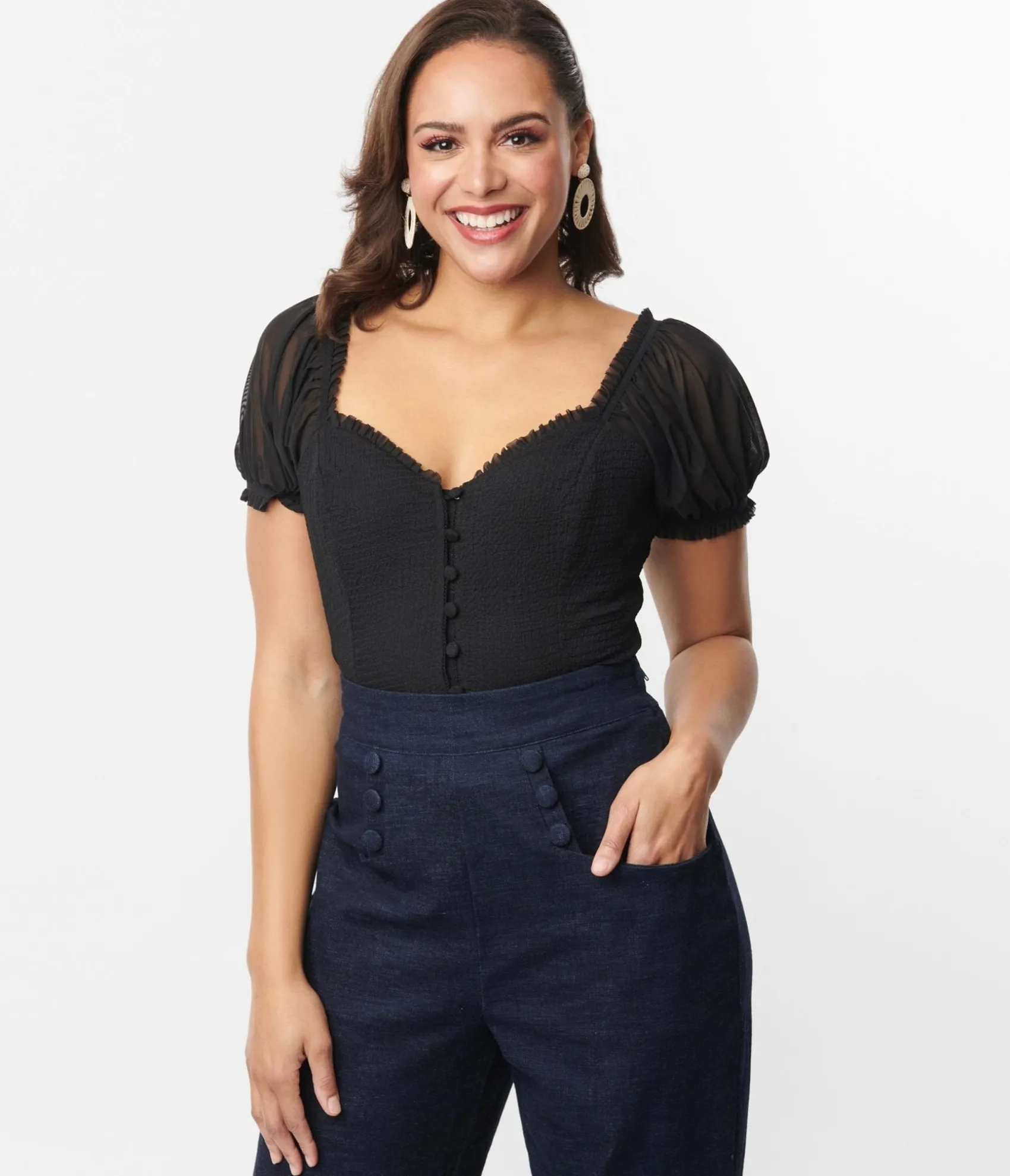 Unique Vintage Black Textured Sweetheart Puff Sleeve Top Outlet