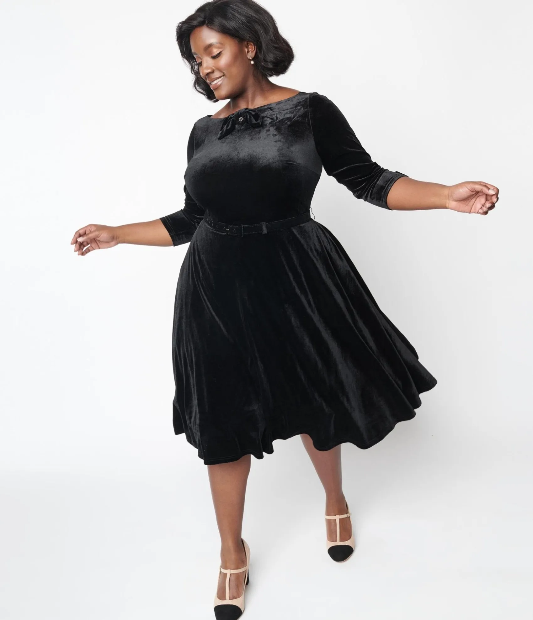 Unique Vintage Black Velvet Faux Bow Devon Swing Dress Fashion