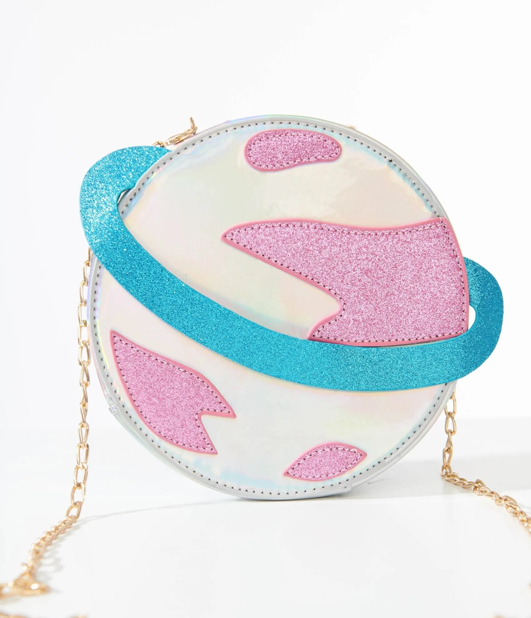 Unique Vintage Blue & Pink Glitter Saturn Planet Crossbody Bag Fashion