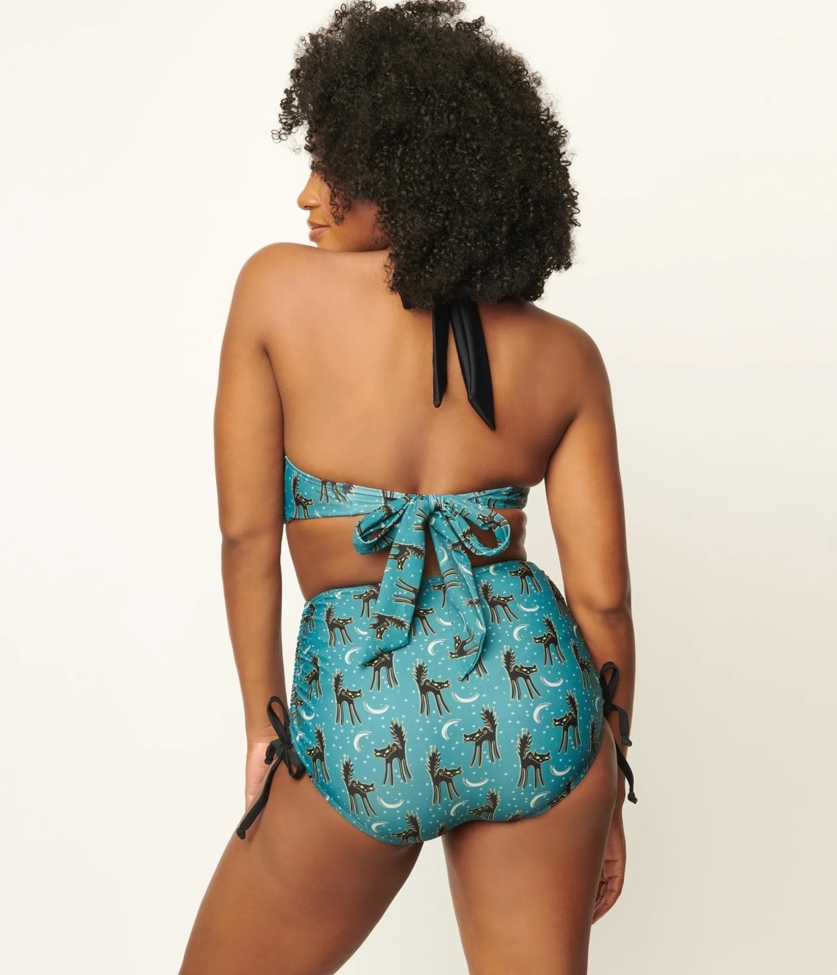 Unique Vintage Blue & Spooky Cat Print Forever Glam Swim Top Shop
