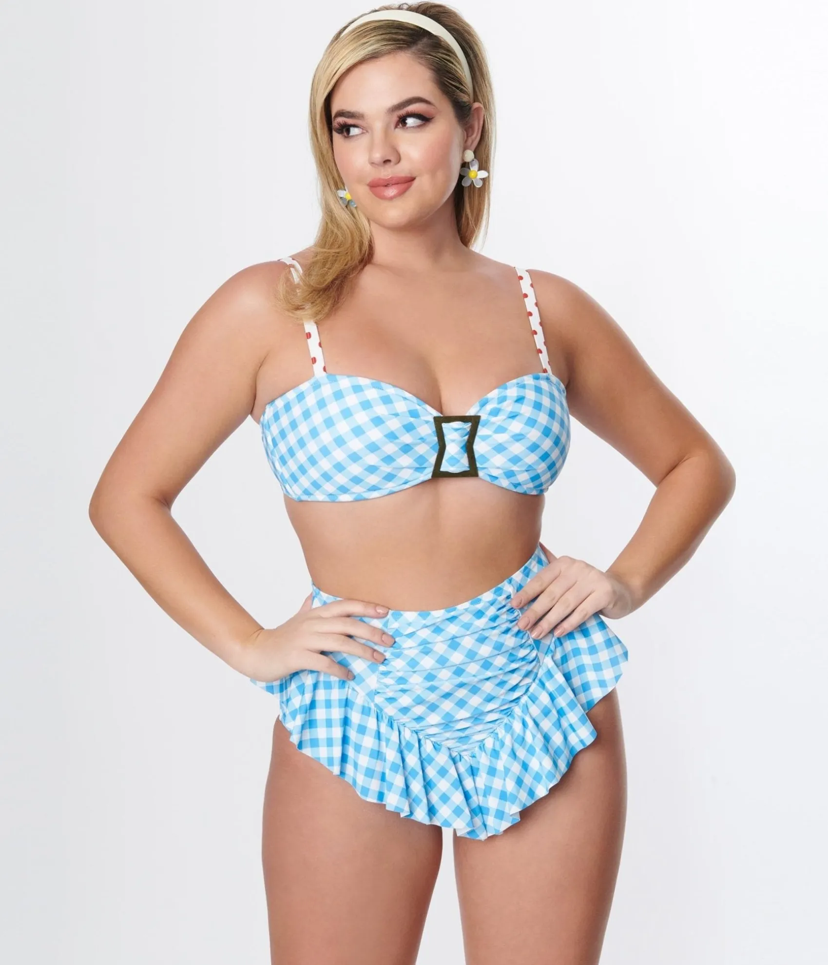 Unique Vintage Blue Gingham Buckle Swim Top Cheap