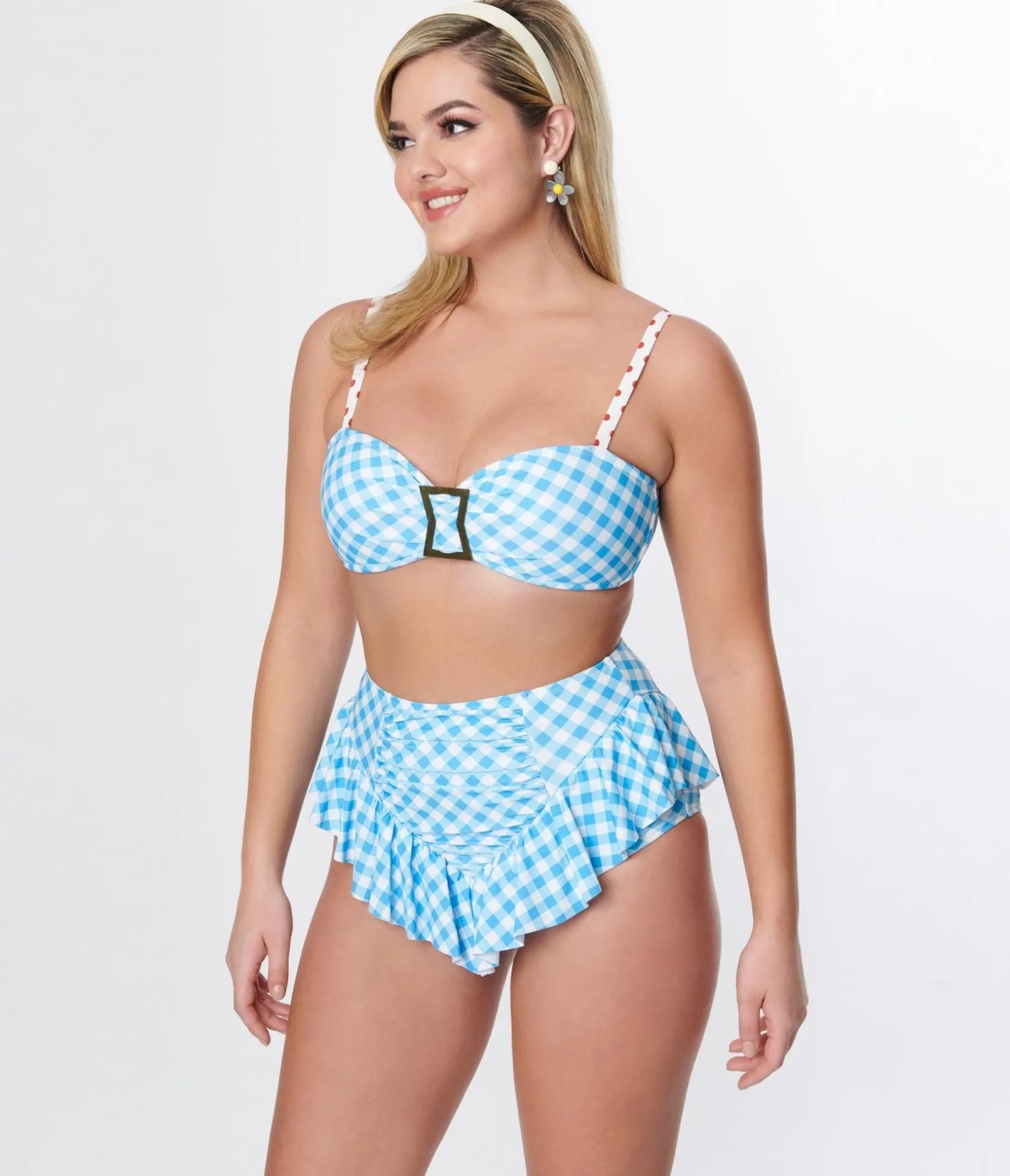 Unique Vintage Blue Gingham Ruffle High Waist Swim Bottom Outlet