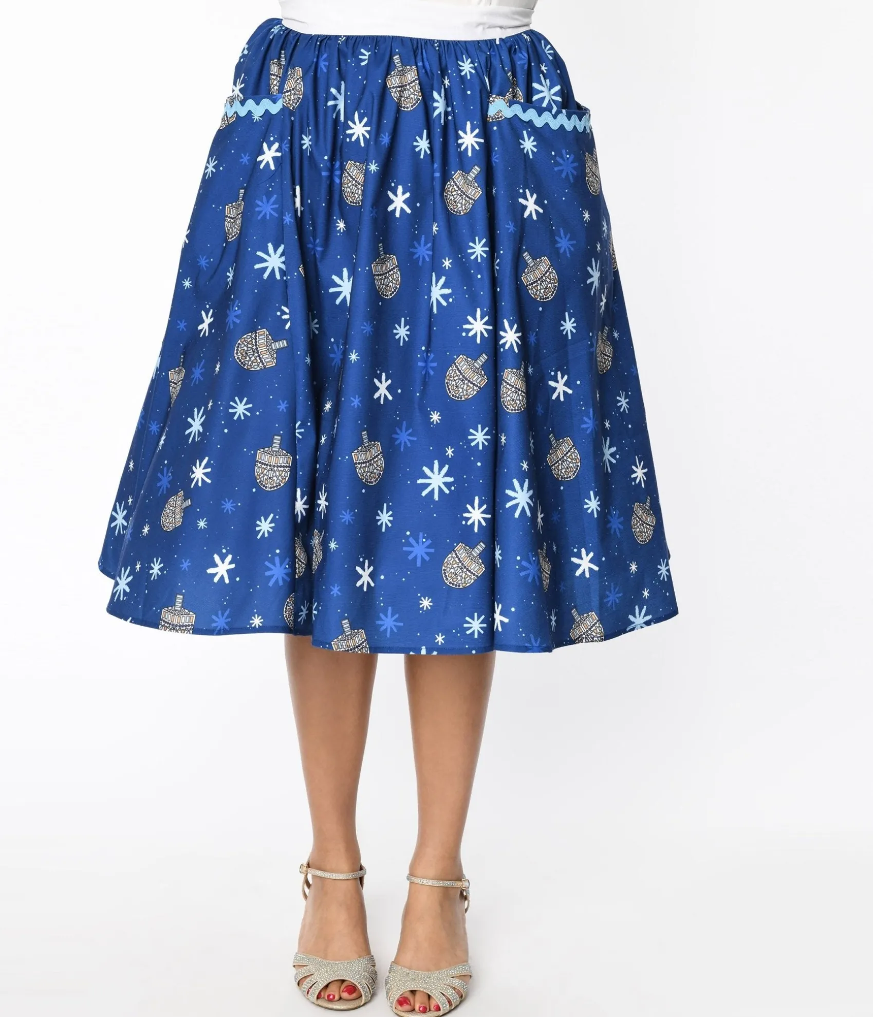 Unique Vintage Blue Hanukkah Print Susannah Swing Skirt New