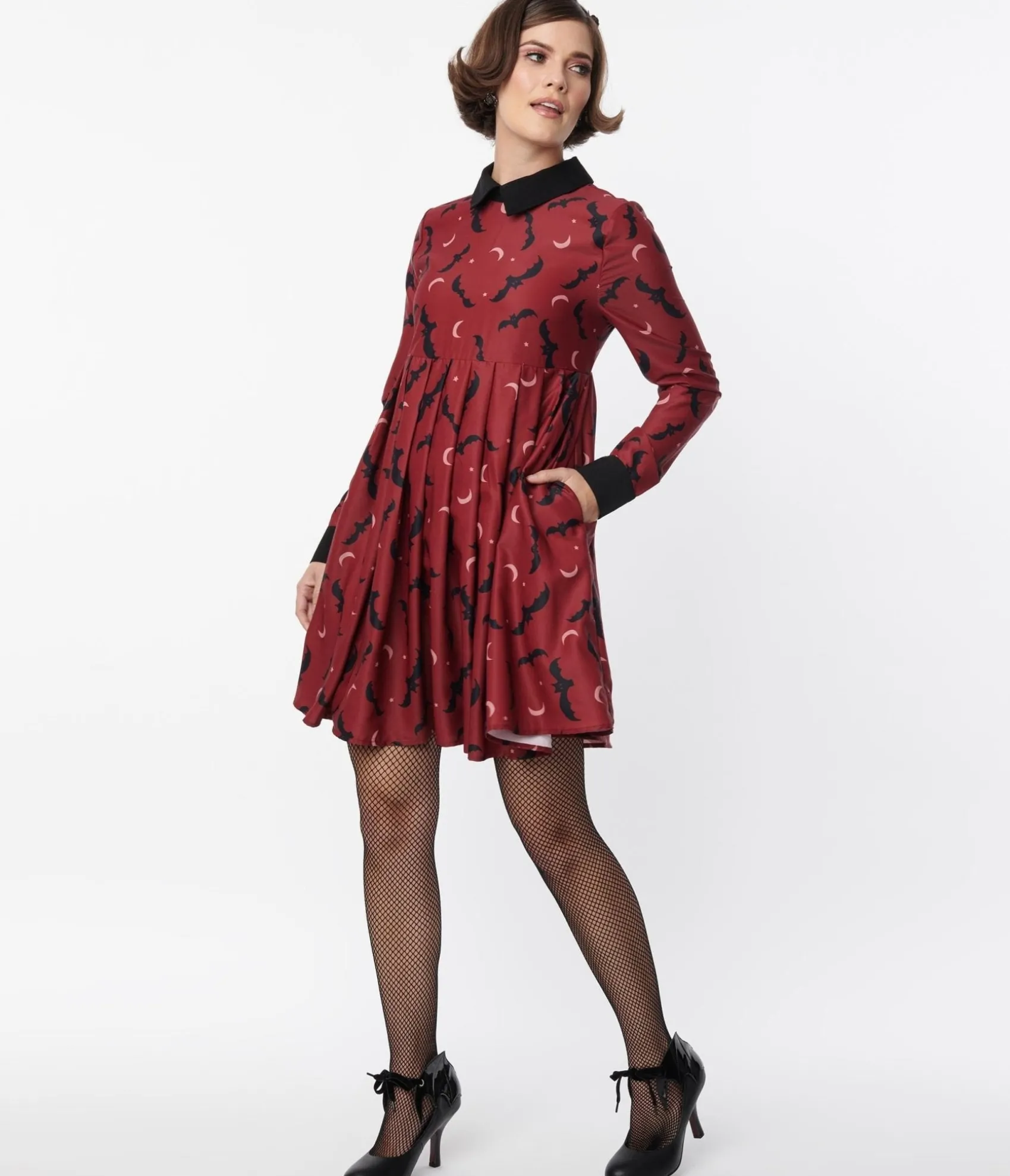 Unique Vintage Burgundy & Black Bats Baby Doll Dress Cheap