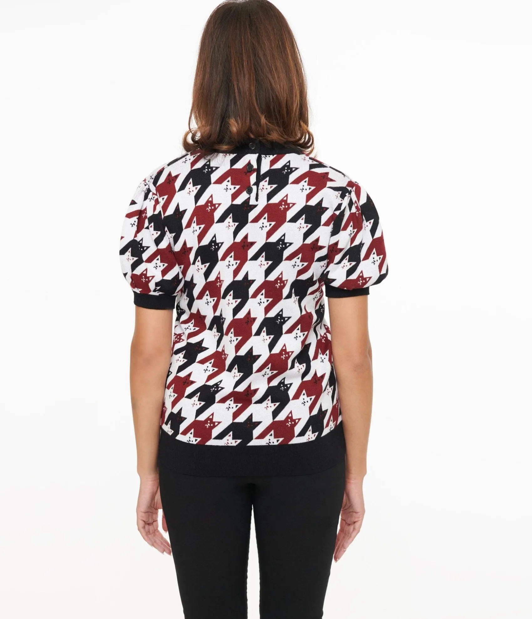 Unique Vintage Burgundy & Black Cat Houndstooth Paige Sweater Hot