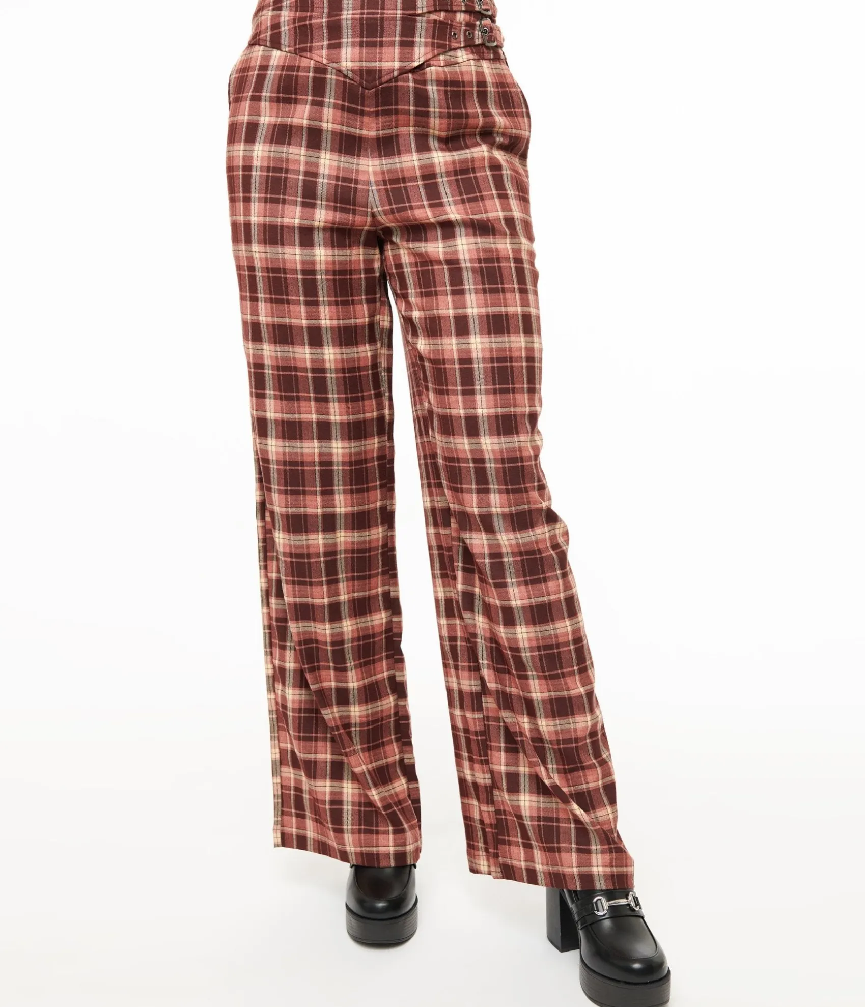 Unique Vintage Burgundy Plaid Double Belt Woven Pants Cheap