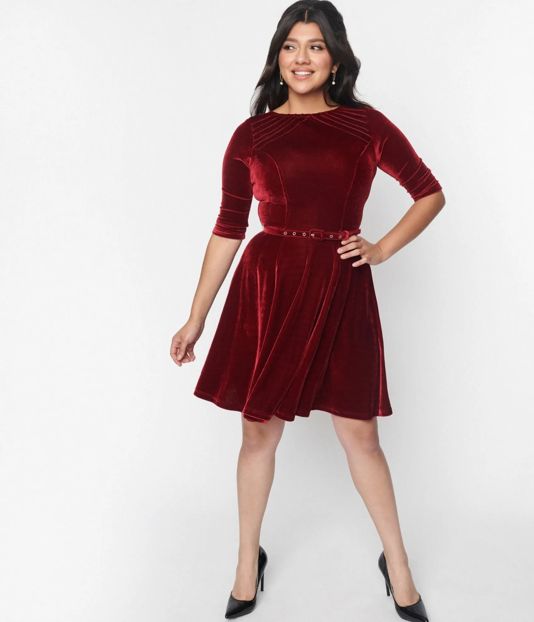 Unique Vintage Burgundy Velvet Stephanie Fit & Flare Dress Best Sale