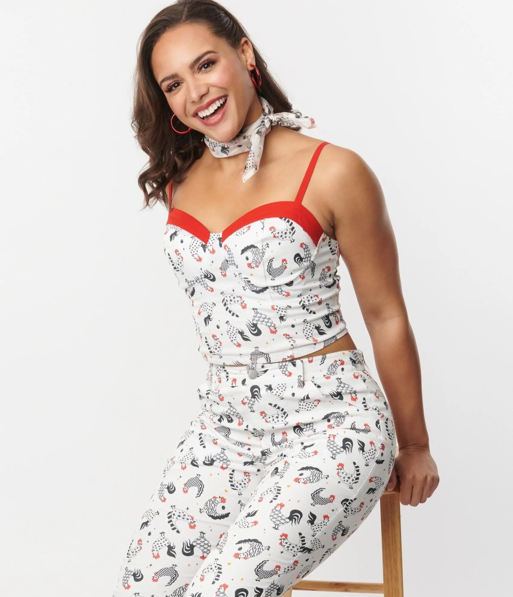 Unique Vintage Chicken Print & Red Contrast Crop Top Sale