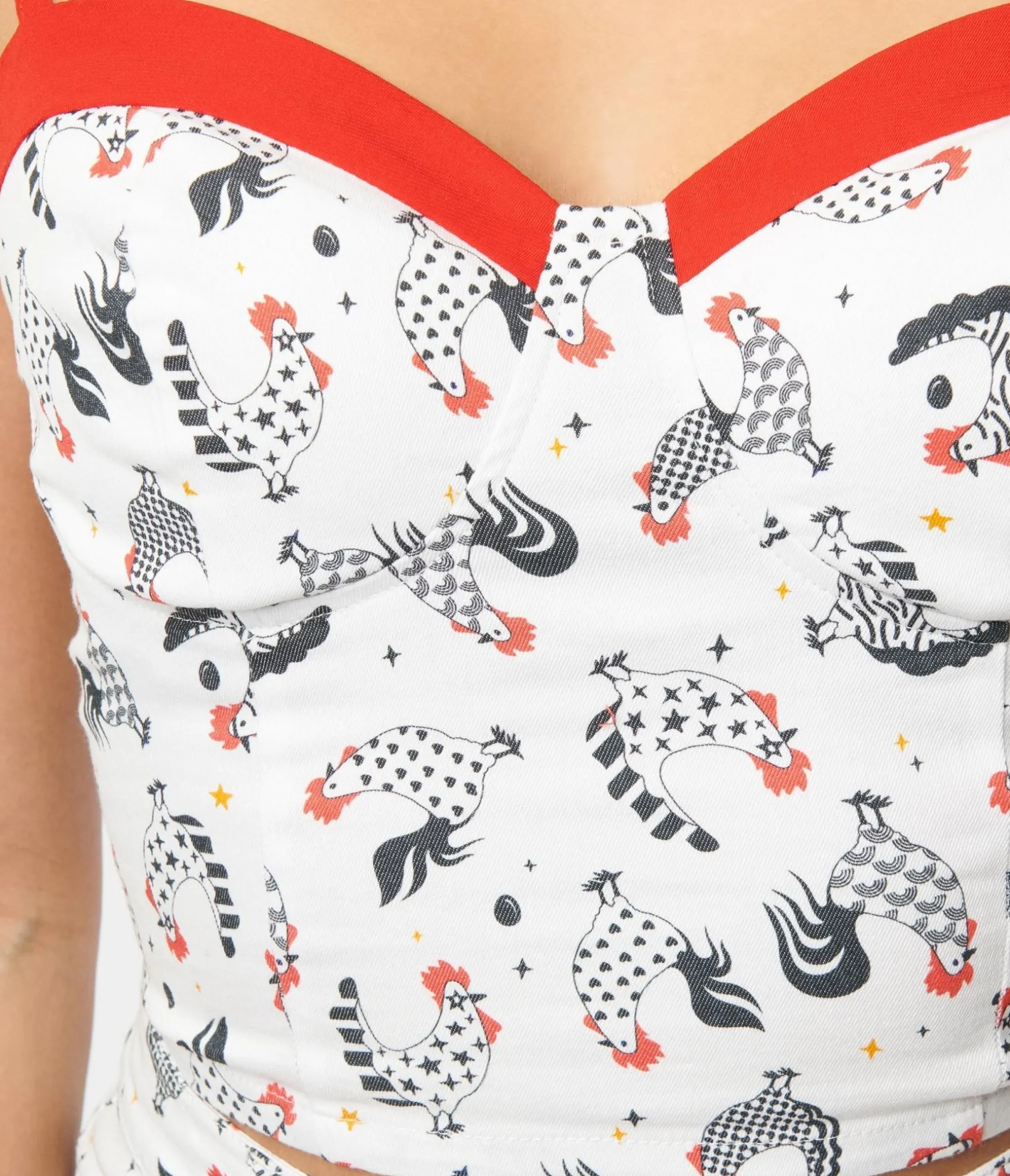 Unique Vintage Chicken Print & Red Contrast Crop Top Sale