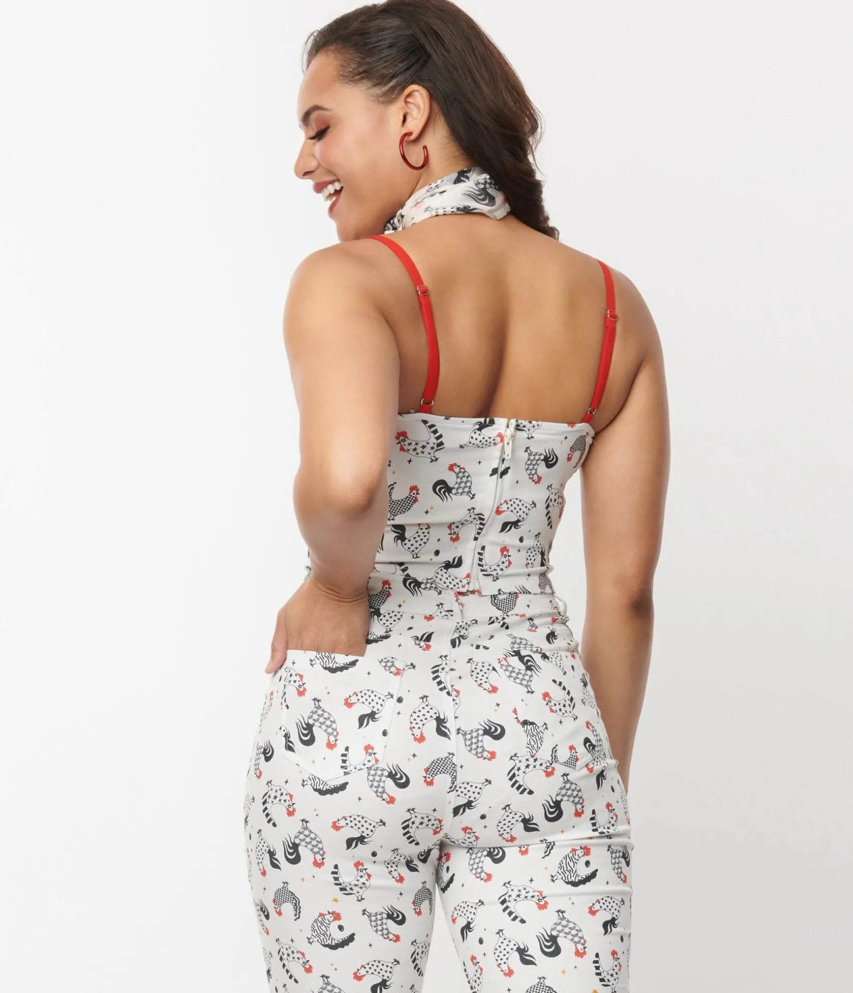 Unique Vintage Chicken Print & Red Contrast Crop Top Sale