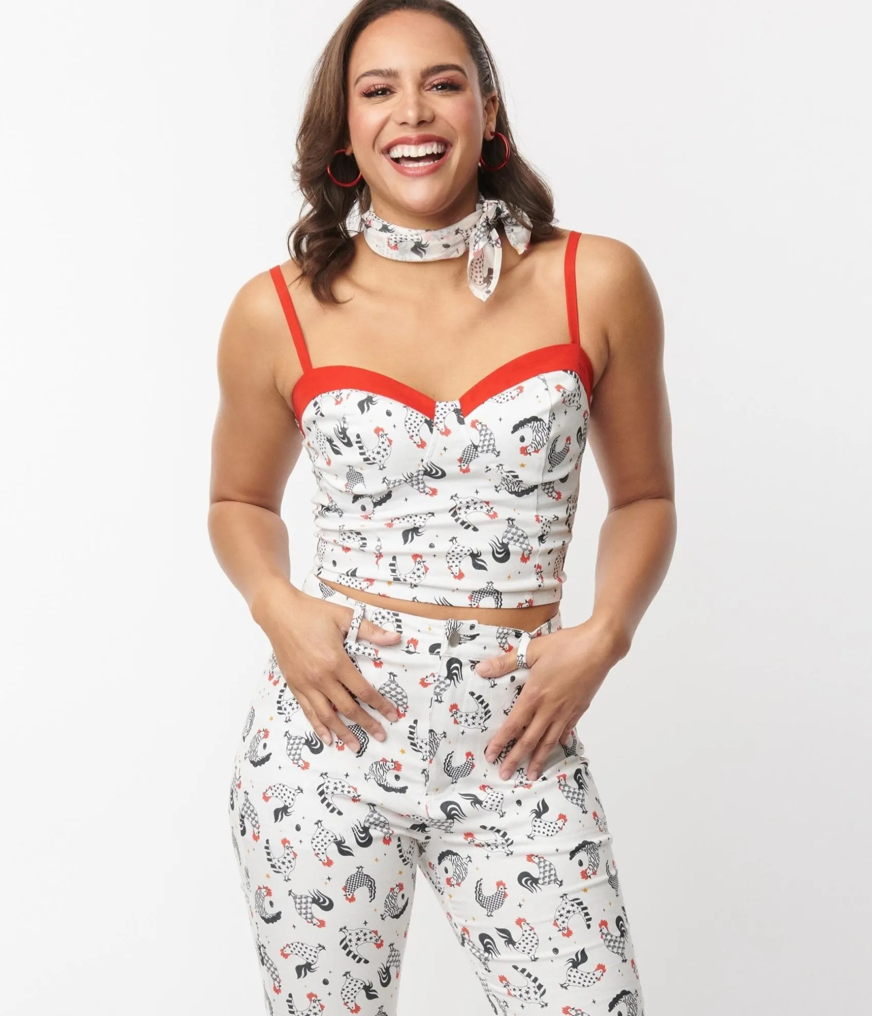 Unique Vintage Chicken Print & Red Contrast Crop Top Sale