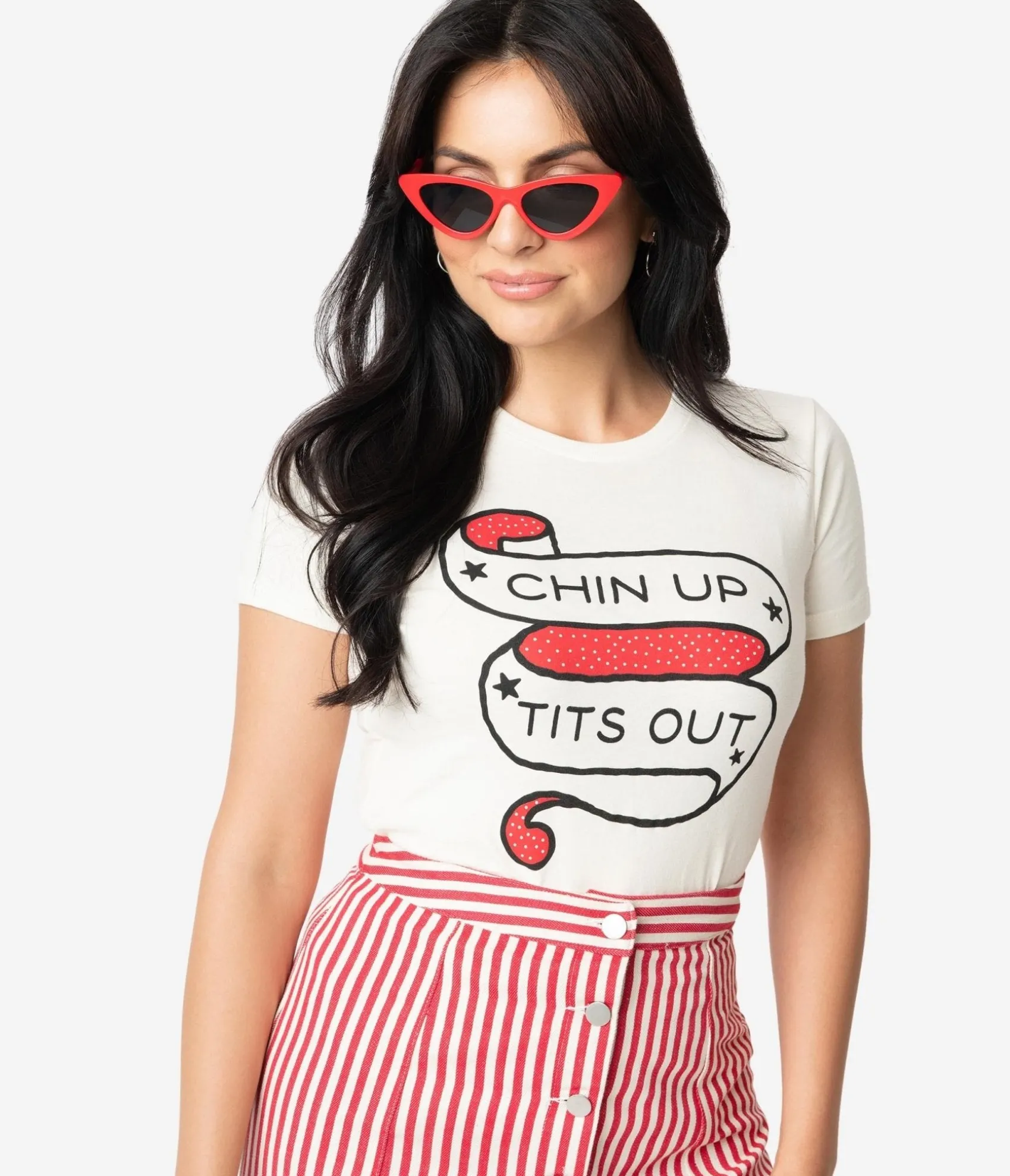 Unique Vintage Cream Chin Up Tits Out Womens Tee Online