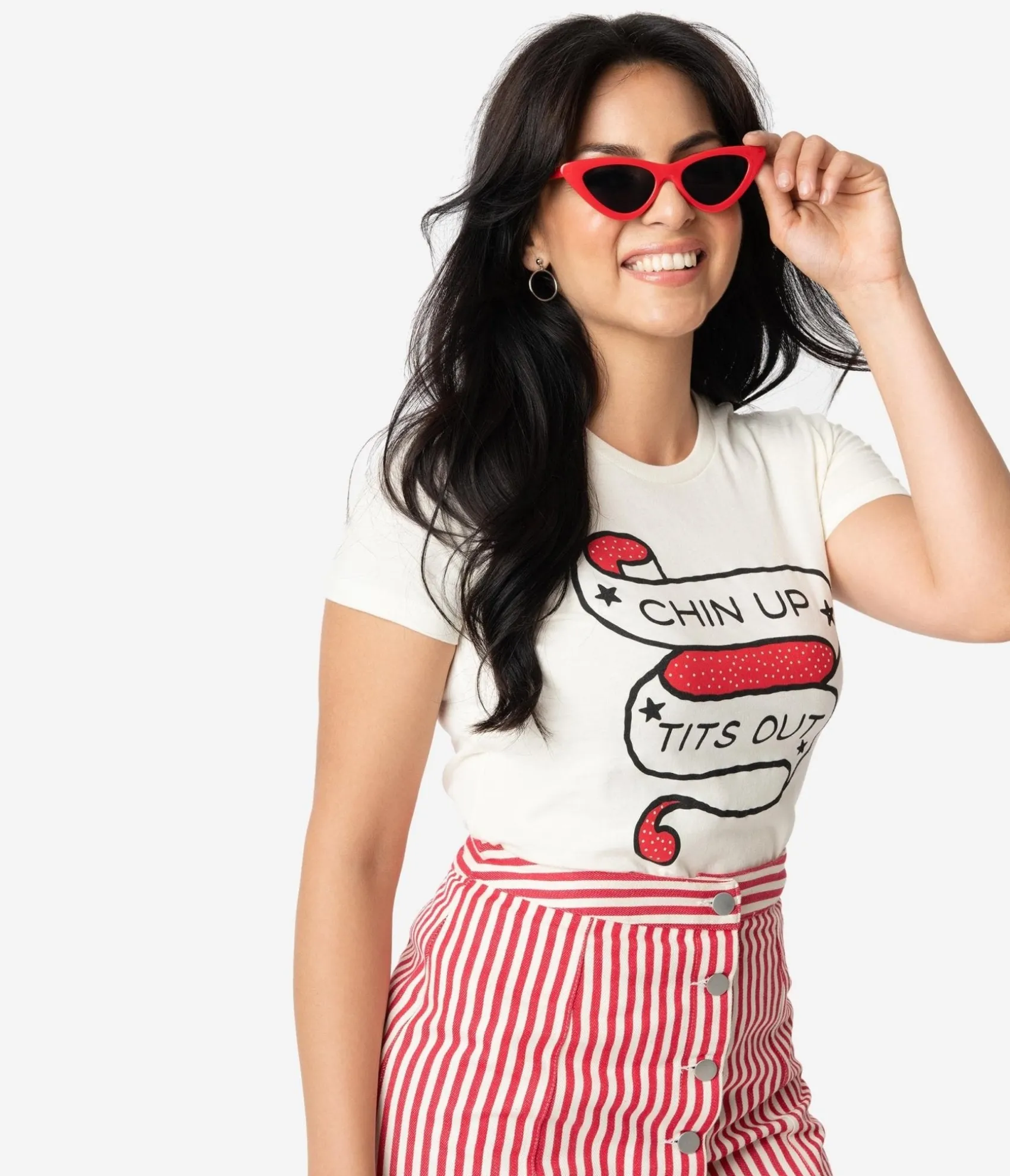 Unique Vintage Cream Chin Up Tits Out Womens Tee Online
