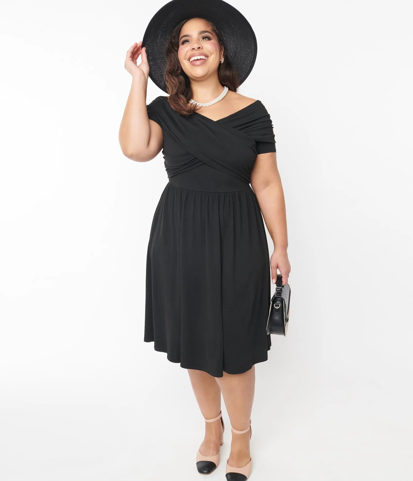 Unique Vintage Curve Black Shirred Swing Dress Online