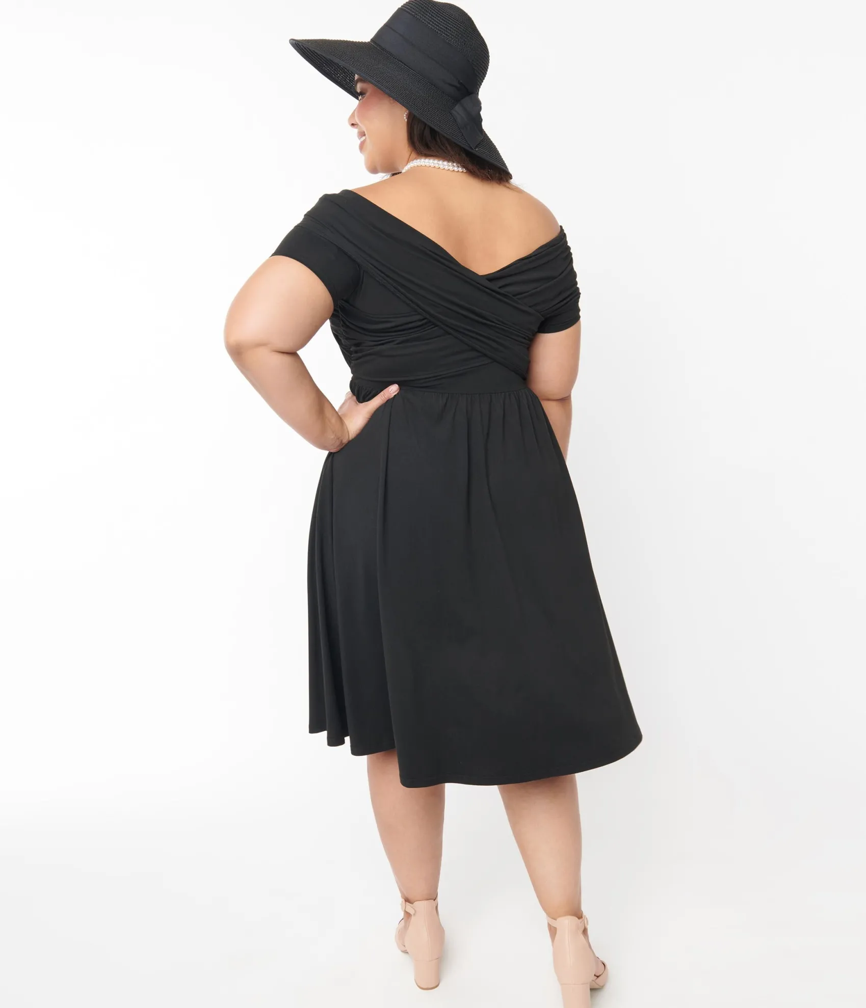 Unique Vintage Curve Black Shirred Swing Dress Online