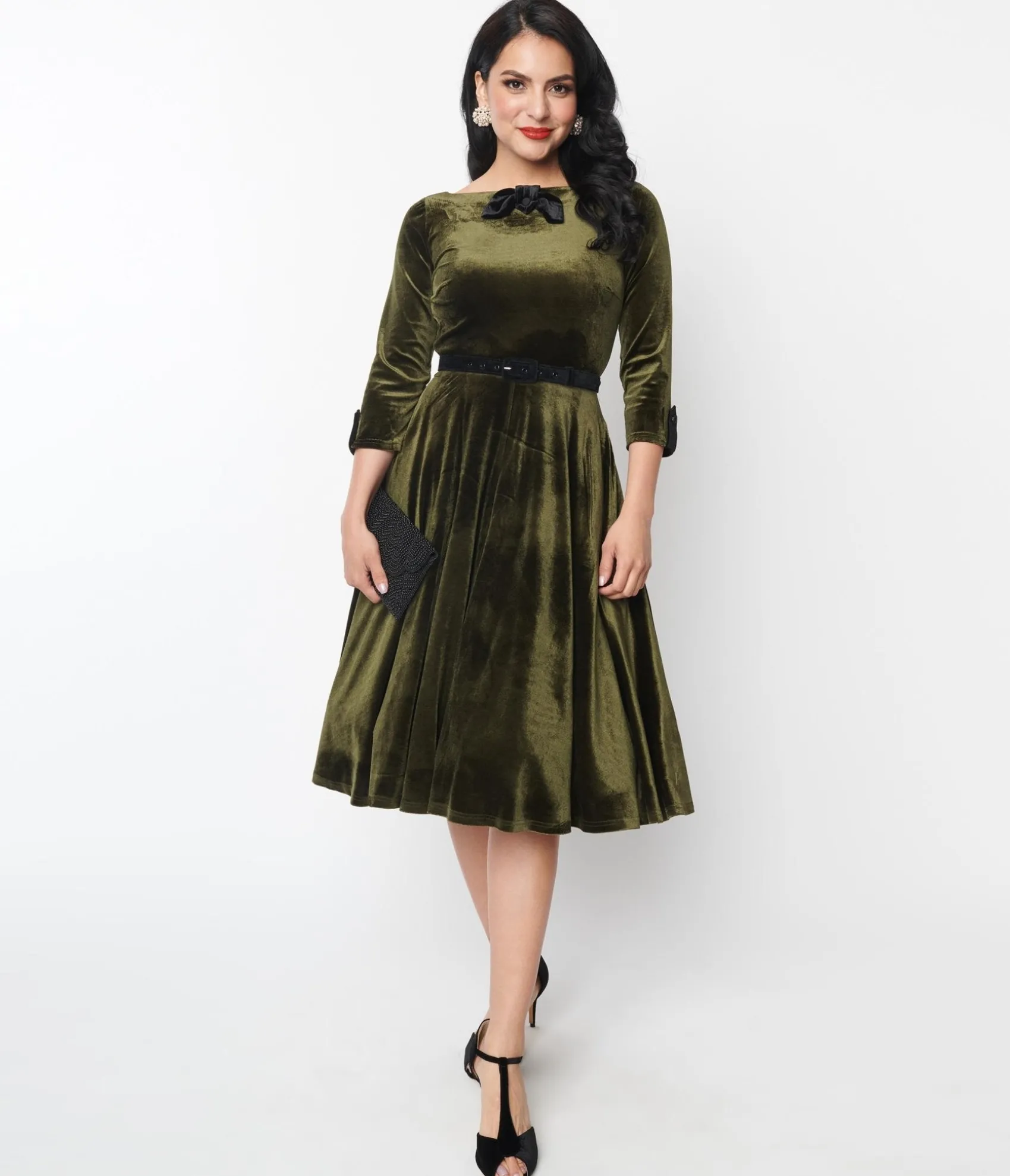 Unique Vintage Deep Olive Green Velvet Faux Bow Devon Swing Dress New