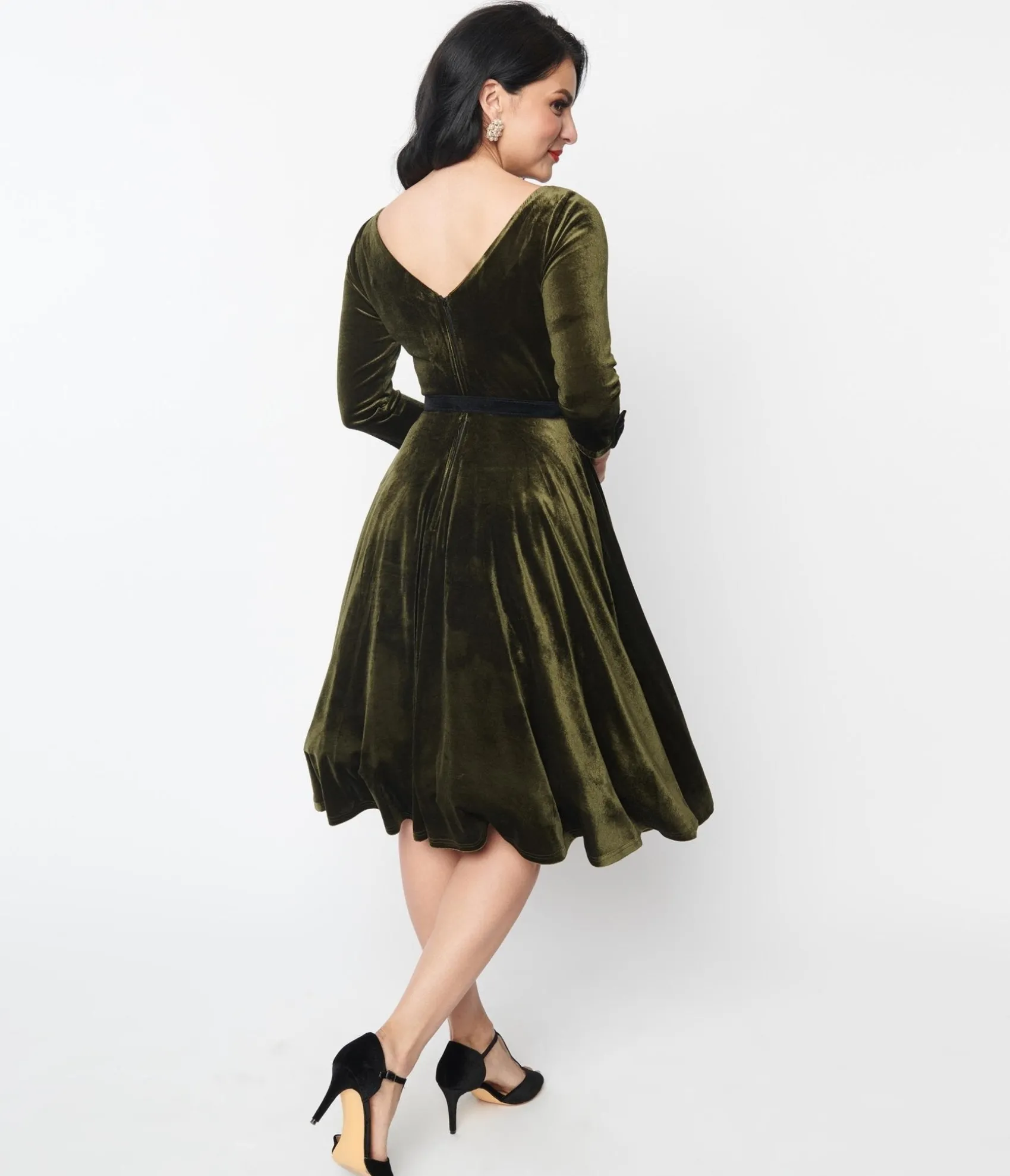 Unique Vintage Deep Olive Green Velvet Faux Bow Devon Swing Dress New