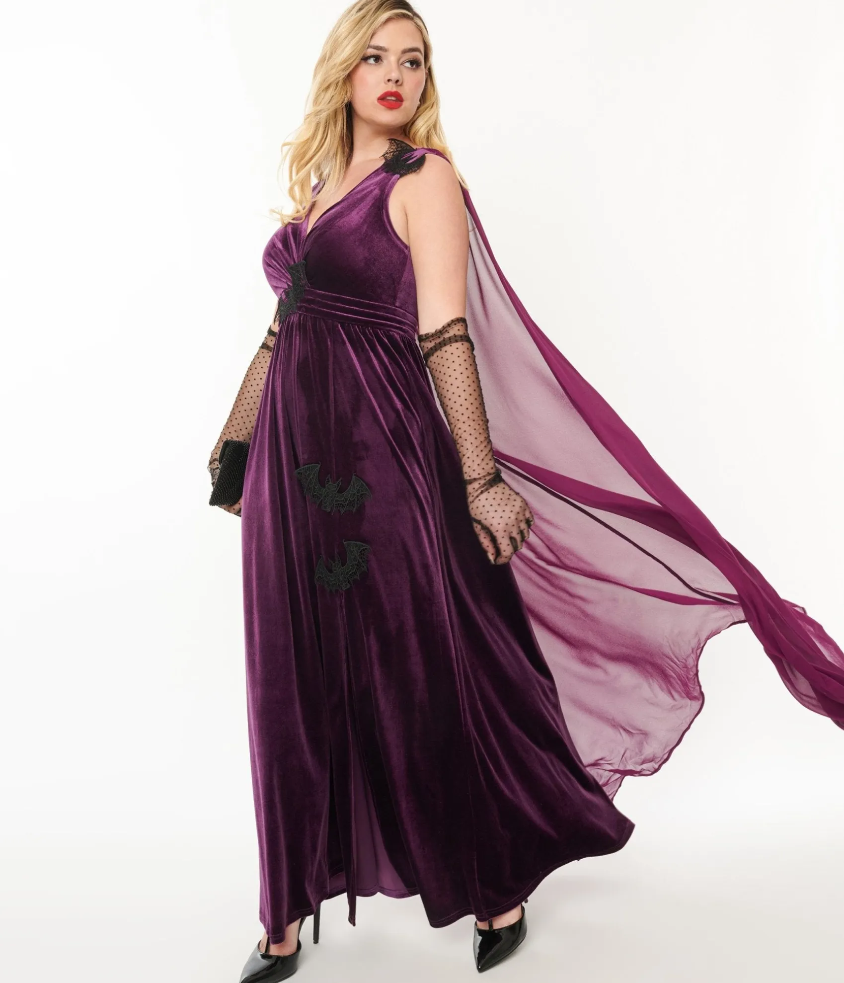 Unique Vintage Eggplant & Black Bat Velvet Cape Gown Outlet